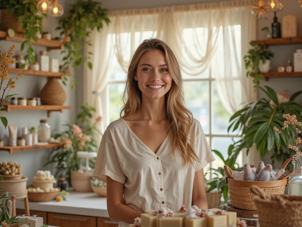 jeune femme, vendeuse de bonbon, magasin, plein de bonbon divers, environ 20 ans