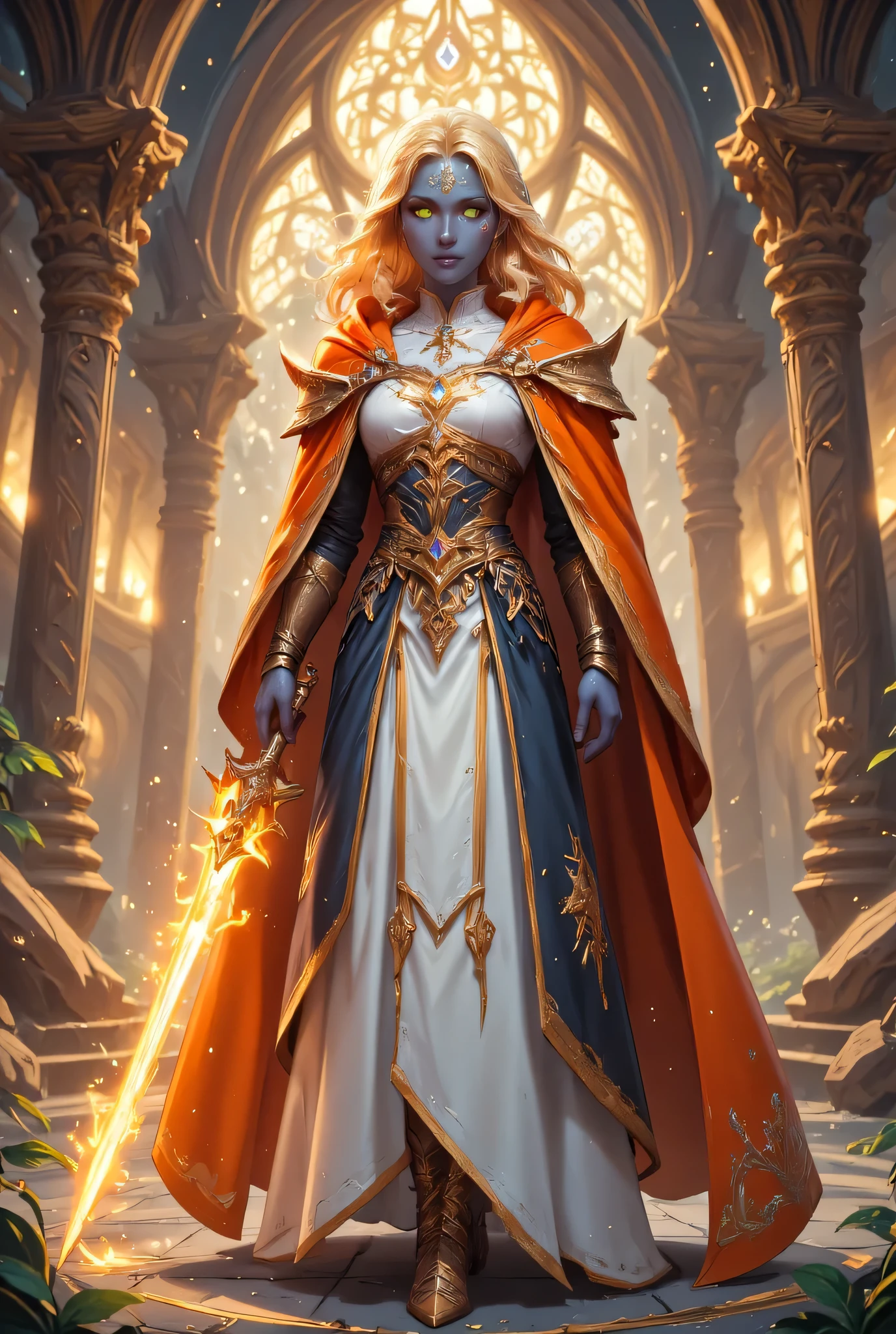 full body picture of a female cleric ((dark blue skin: 1.5)), intense details facial details, exquisite beauty, cleric, (dark blue skin: 1.5)) female, ((yellow hair: 1.5)), long hair, (((no ears: 1.5))), (green eyes: 1.3), armed with a fiery sword red fire, wearing (twilight priestly combat vestments: 1.5), wearing white armor, wearing high heeled laced boots, wearing an (orange cloak:1.3), wearing glowing holy symbol, fantasy art, dnd art, RPG art, wide shot, (masterpiece: 1.4) intense details, highly detailed, photorealistic, best quality, highres, within fantasy temple background, reflection light, high details, best quality, 16k, [ultra detailed], masterpiece, best quality, (extremely detailed), close up, ultra wide shot, photorealistic, RAW, fantasy art, dnd art, fantasy art, realistic art,((best quality)), ((masterpiece)), (detailed), perfect face, zavy-ctcmcs, ArsMJStyle, dnddarkestfantasy