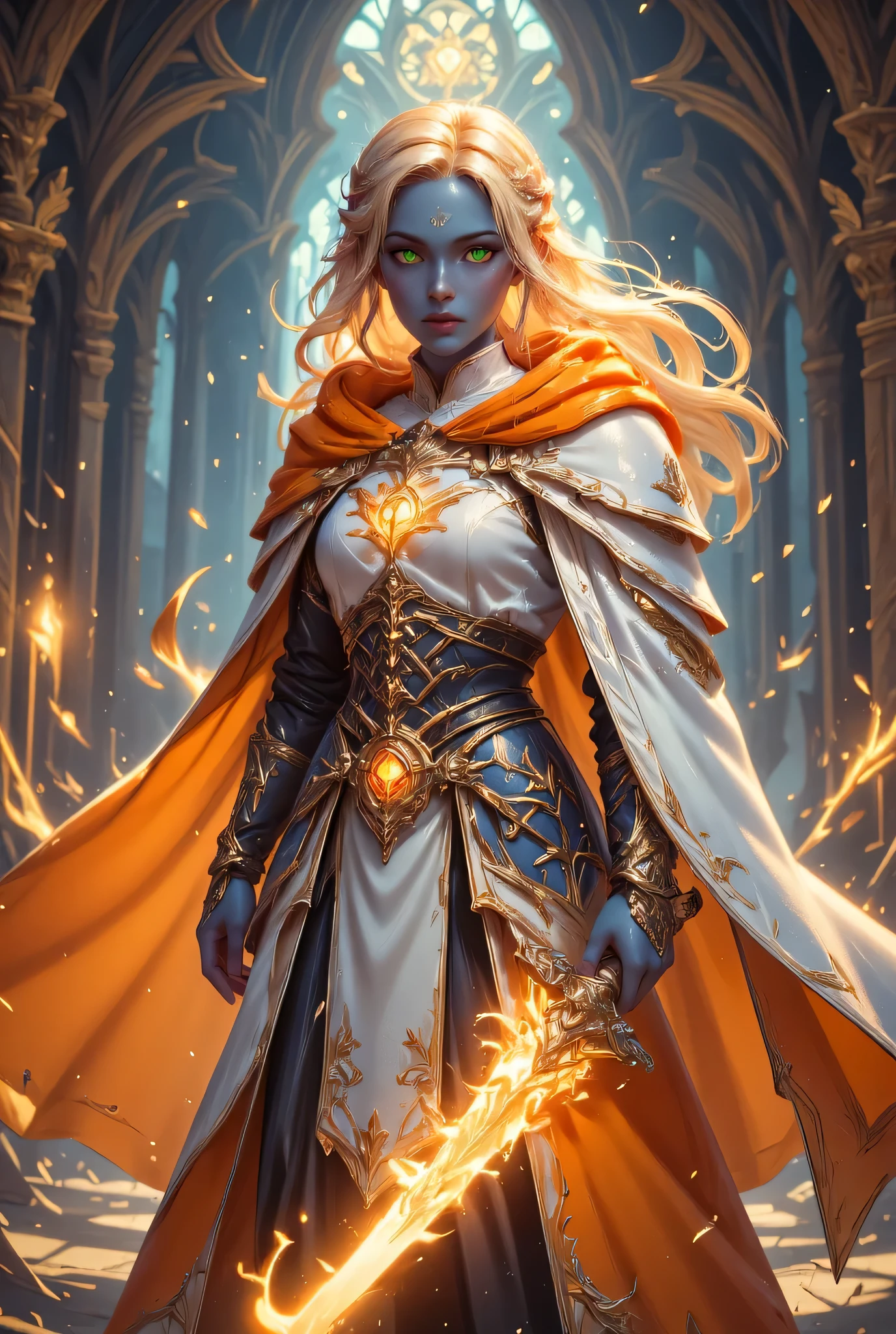 full body picture of a female cleric ((dark blue skin: 1.5)), intense details facial details, exquisite beauty, cleric, (dark blue skin: 1.5)) female, ((yellow hair: 1.5)), long hair, (((no ears: 1.5))), (green eyes: 1.3), armed with a fiery sword red fire, wearing (twilight priestly combat vestments: 1.5), wearing white armor, wearing high heeled laced boots, wearing an (orange cloak:1.3), wearing glowing holy symbol, fantasy art, dnd art, RPG art, wide shot, (masterpiece: 1.4) intense details, highly detailed, photorealistic, best quality, highres, within fantasy temple background, reflection light, high details, best quality, 16k, [ultra detailed], masterpiece, best quality, (extremely detailed), close up, ultra wide shot, photorealistic, RAW, fantasy art, dnd art, fantasy art, realistic art,((best quality)), ((masterpiece)), (detailed), perfect face, zavy-ctcmcs, ArsMJStyle, dnddarkestfantasy