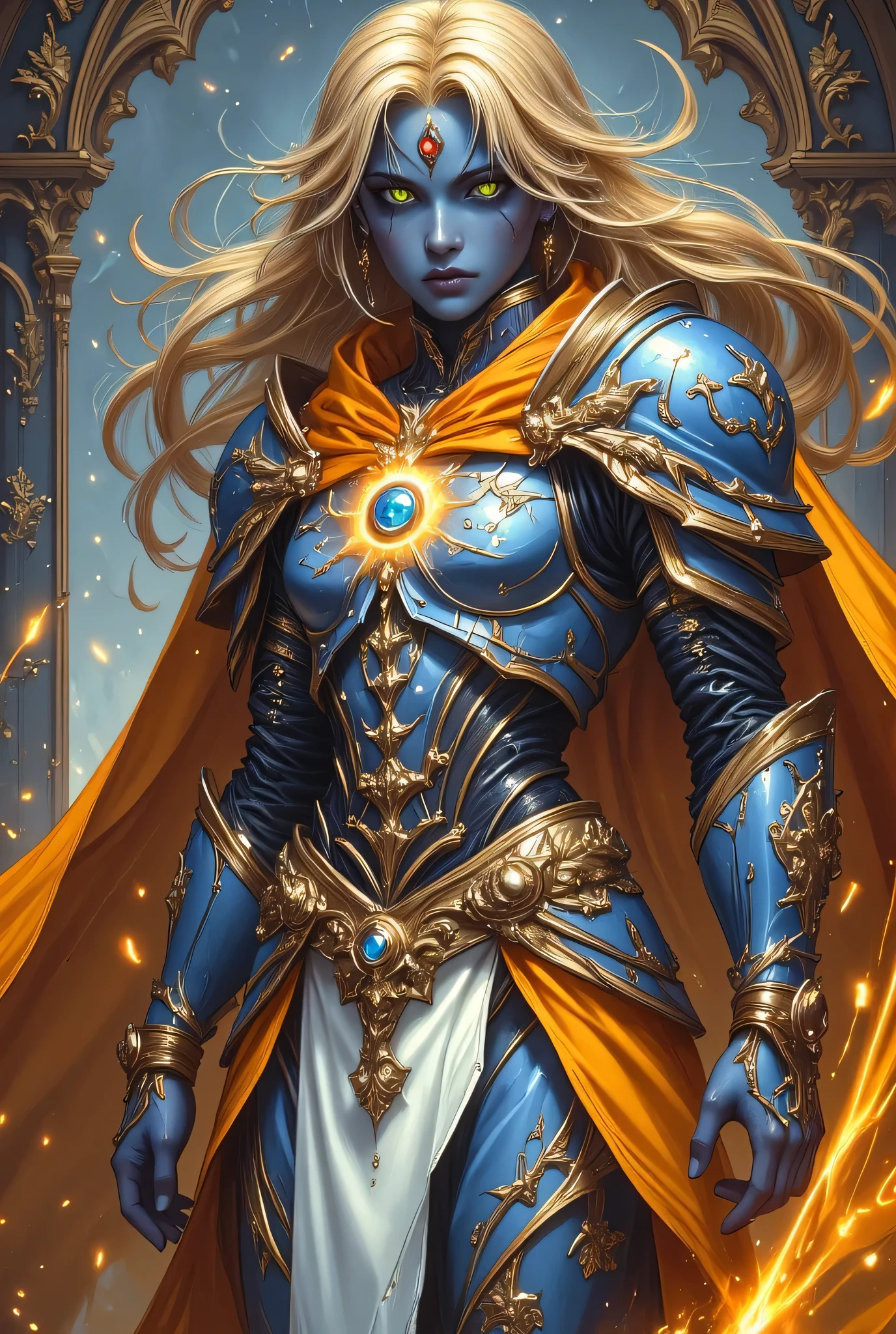 full body picture of a female cleric ((dark blue skin: 1.5)), intense details facial details, exquisite beauty, cleric, (dark blue skin: 1.5)) female, ((yellow hair: 1.5)), long hair, (((no ears: 1.5))), (green eyes: 1.3), armed with a fiery sword red fire, wearing (twilight priestly combat vestments: 1.5), wearing white armor, wearing high heeled laced boots, wearing an (orange cloak:1.3), wearing glowing holy symbol, fantasy art, dnd art, RPG art, wide shot, (masterpiece: 1.4) intense details, highly detailed, photorealistic, best quality, highres, within fantasy temple background, reflection light, high details, best quality, 16k, [ultra detailed], masterpiece, best quality, (extremely detailed), close up, ultra wide shot, photorealistic, RAW, fantasy art, dnd art, fantasy art, realistic art,((best quality)), ((masterpiece)), (detailed), perfect face, zavy-ctcmcs, ArsMJStyle, dnddarkestfantasy