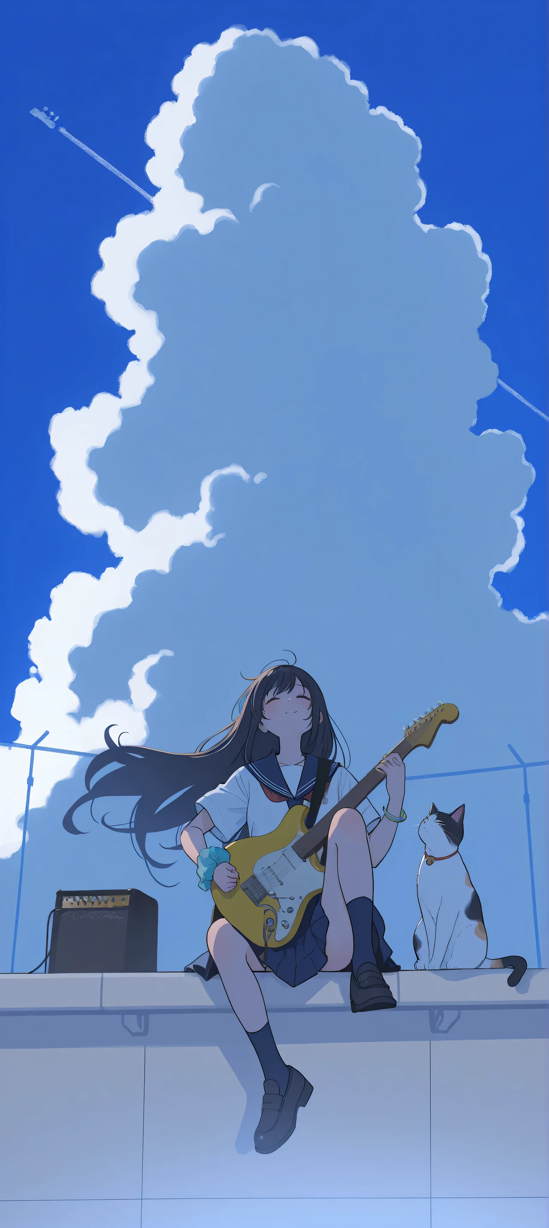 high school girl,long hair,cat,electric guitar,Performance,blue sky,Indo clouds,vibrant colors,cute,front,school rooftop,sitting,sailor suit,Short sleeve, Scenery