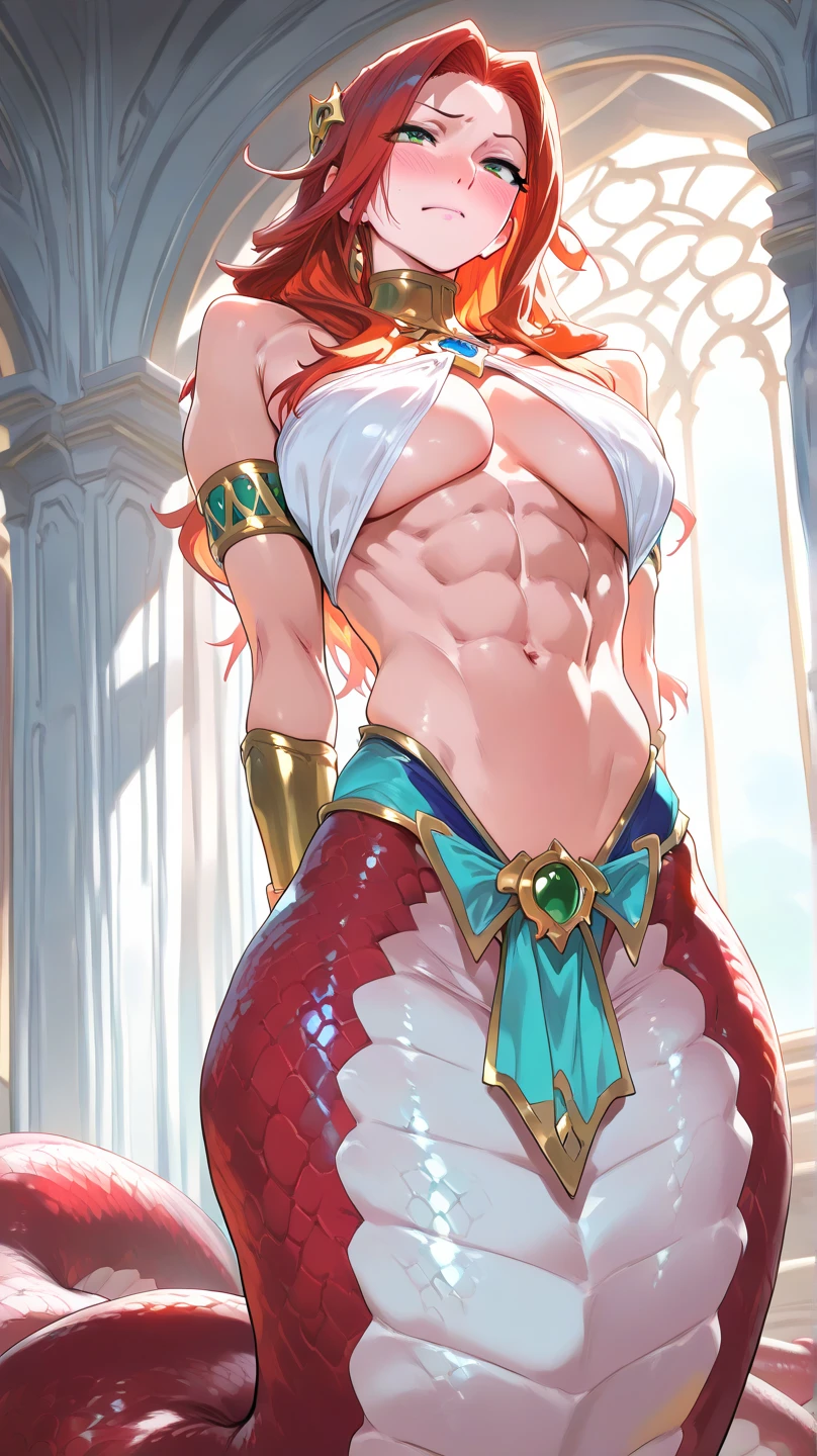 Copper bikini armor, copper crown, bare belly, big breasts, green hair, red eyes, bikini armor, copper