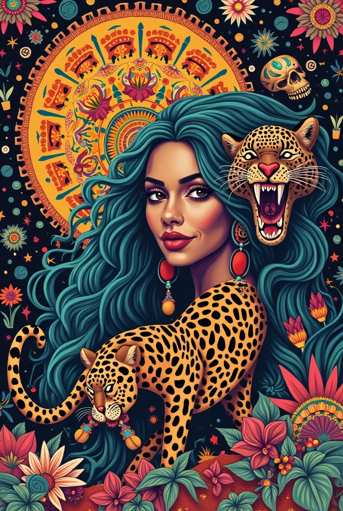 Huichol art full wallpaper with Shakiras, integrate Aztec calendars,  jaguars , Skulls, sun, officer.