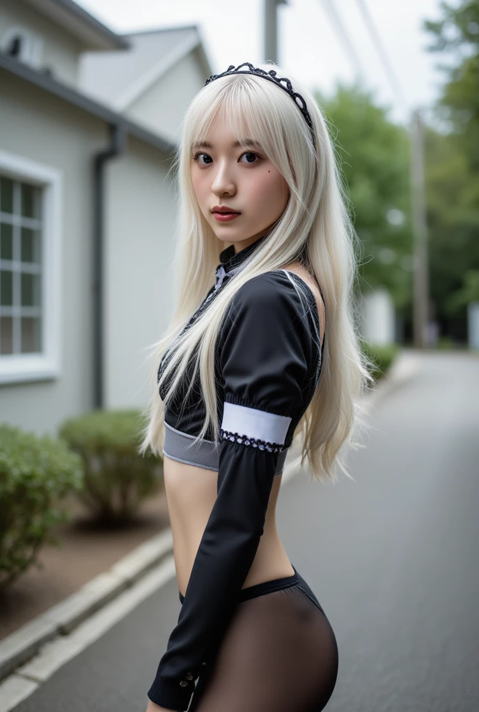 Armpits, Arms, Arms Up, Arms behind head, (1 girl, solo), Uniform, Schoolgirl, Miniskirt, (Big:1.2), Cleavage, White hair, Earrings, Jewelry, Watch Viewer, Outdoors, Beauty, Korean Idol, Tights, Beautiful skin, Whitening,