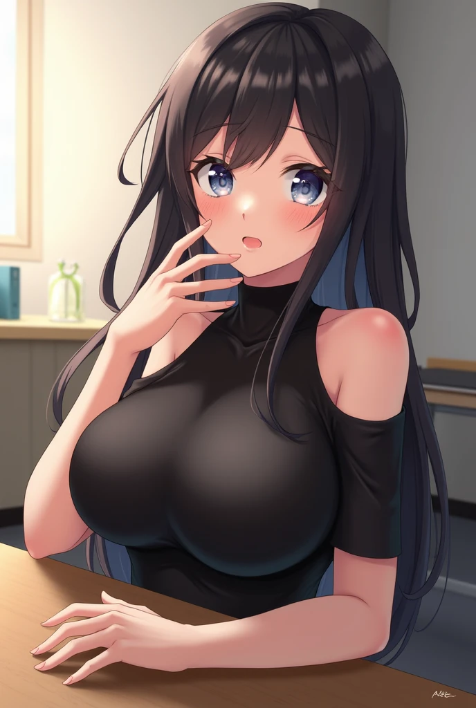 (8K、Best image quality、highest quality、masterpiece)、(girls)、Improve、(Black Hair, long hair)、 (skinny body:1.3),(huge breasts),(one piece swimsuit:1.2), (crop under boob:1.1), Classroom Background,(upper body), (close-up shot of bust:1.4),(from below:1.2)