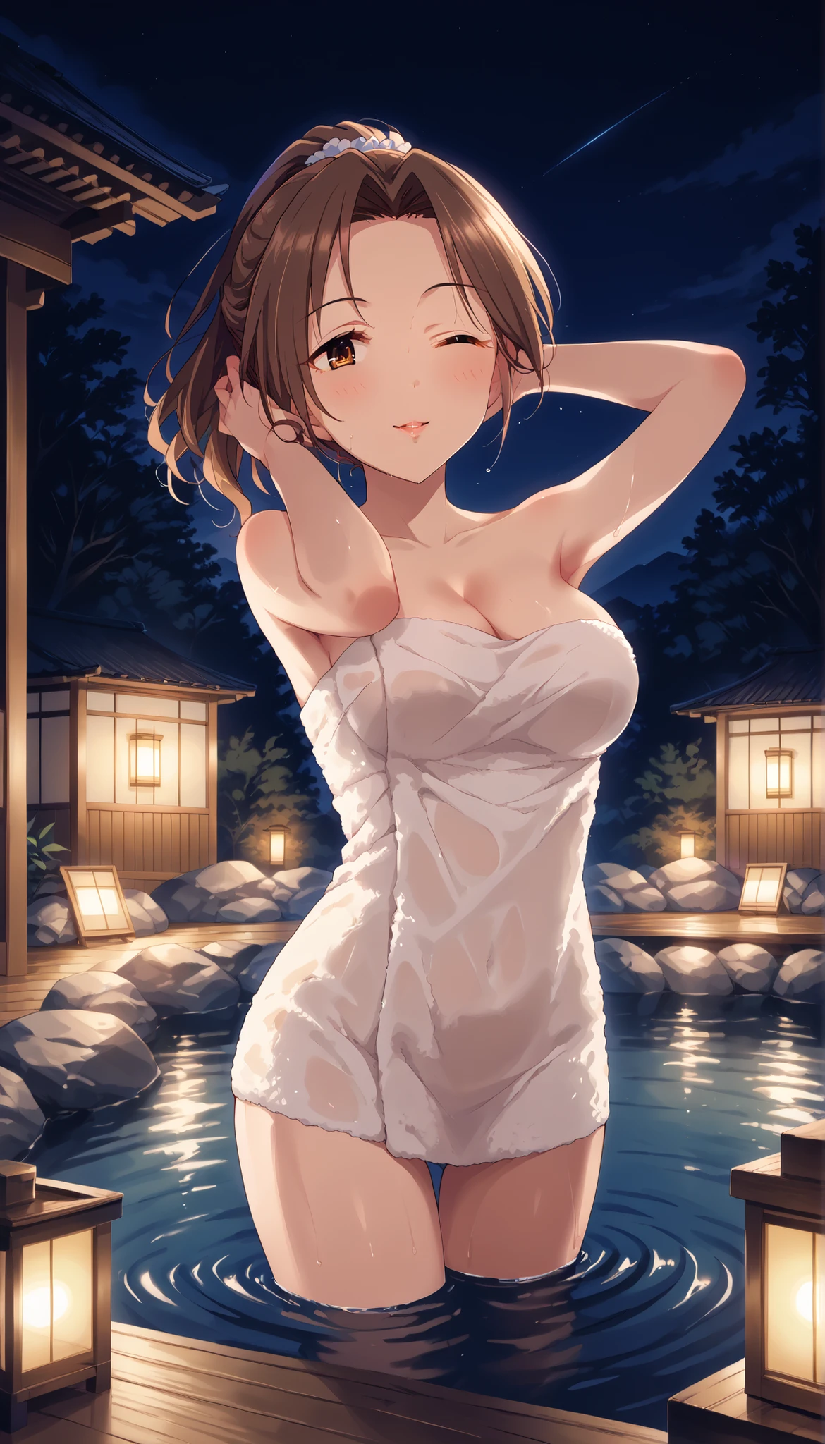 (masterpiece, best quality, high quality, highres, ultra-detailed, best aesthetic), 1girl, solo, brown hair, (ponytail :1.2), purple eyes, glasses, (((bath towel))), medium breasts, wet, sideboob, steam censor, hair censor, convenient censoring, onsen, partially submerged, night sky, tree, lantern, (from behind:1.1), looking back, dutch angle, looking at viewer, light smile, blush,, Akira Yukino, bob hair, Loveplus,