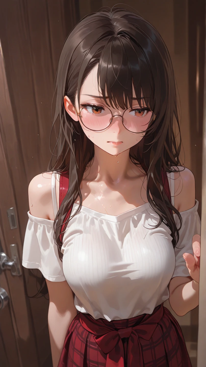 (Full Body Shot)、Big Breasts、(masterpiece:1.3、Highest quality、Ultra-high resolution、Super detailed)、(Real、Photorealistic:1.4)、Beautiful illustrations、Perfect lighting、Natural lighting、Depth of written boundary、NSFW、Beautifully detailed hair、Beautifully detailed face、Beautifully detailed eyes、Beautiful clavicle、Beautiful body、Beautiful breasts、Beautiful thighs、Beautiful legs、Beautiful Hands、Shiny skin、Watching the viewer、Focus on the face、Upper Body、1 person、high school girl、(Perfect Anatomy、Anatomically correct、Super detailedな肌)、Cute and symmetrical face、Perfect Face、Perfect Eyes、(Dark brown long ponytail、Big glasses)、blue eyes、Big eyes、Long eyelashes、(Big Breasts、Captivating thighs)、Baby Face、slender、Outstanding style、((Detailed cloth texture、Naked white towel、Sweaty))、(Beautiful Landscape)、evening、((Outdoor shower room))、Are standing、(Looking up、Embarrassed)、