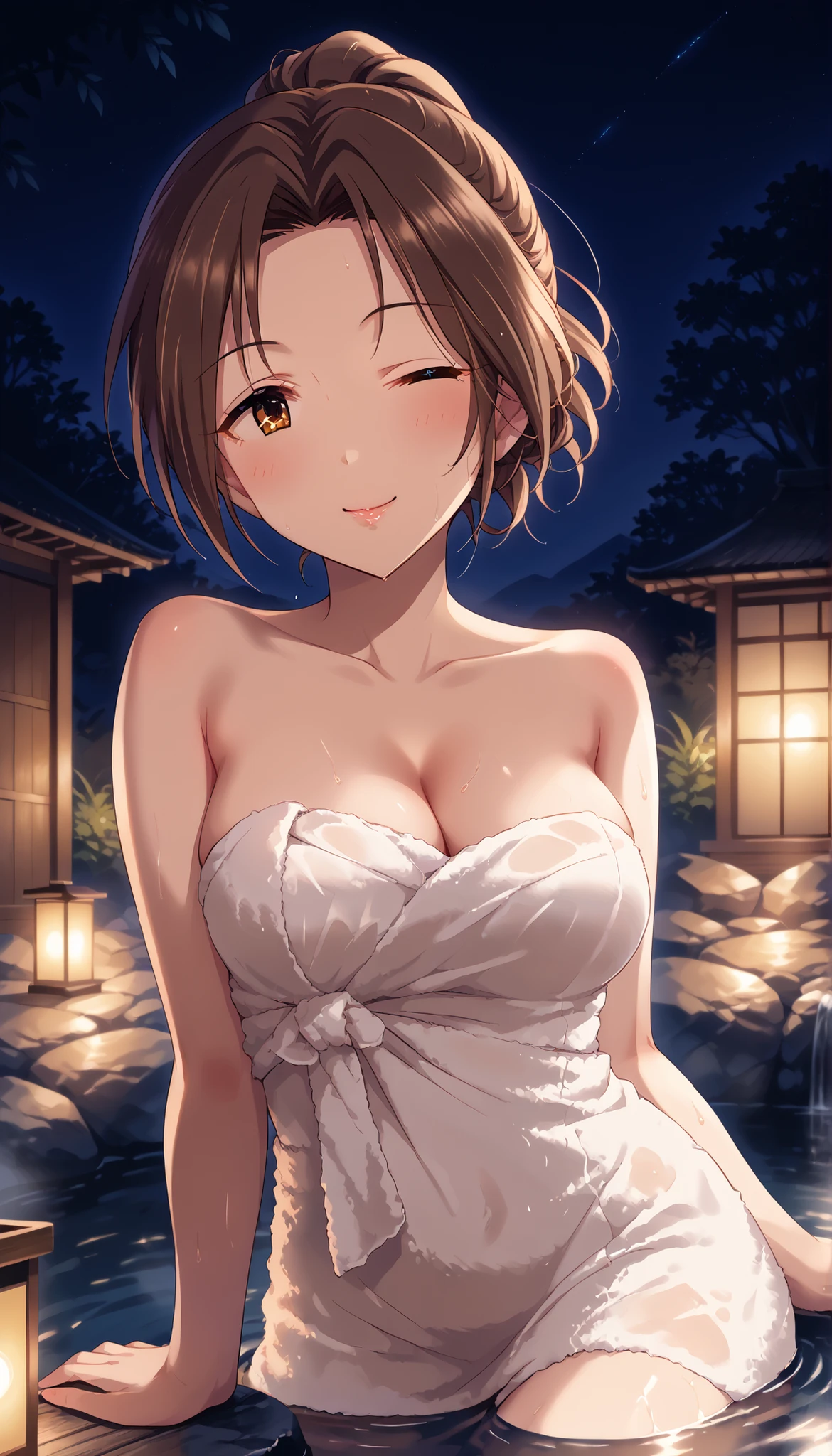 facing backwards,gravure,from below,T-shirt,No bra,My nipples are visible over my clothes,bob hair,brown hair,brown eyes,naughty expression,hot spring,best quality,masterpiece,ultra-detailed
