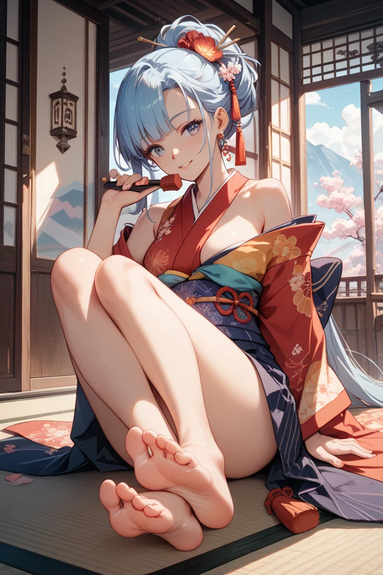 Illustration of a woman in ancient oriental costume holding chopsticks, uma menina, Komono, sozinho, quimono, ornamento de cabelo, chest, Cirno, cabelos azuis claros, A tatuagem, propriedade, courtesan, Flor Kui, cachimbo, olhando para o espectador, there is