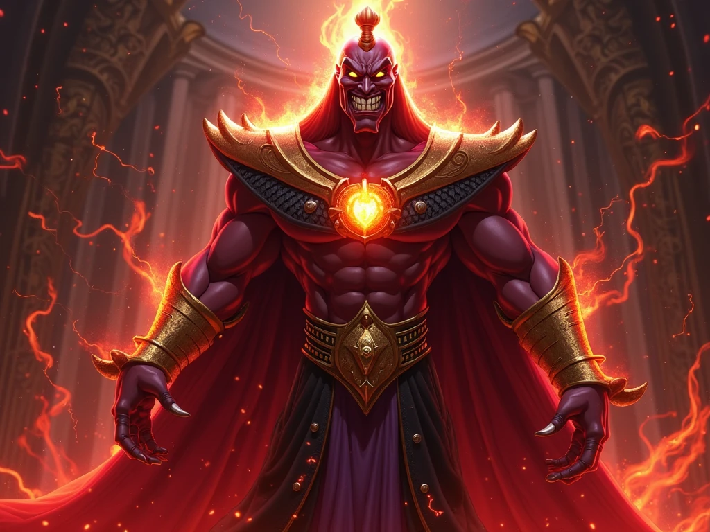 Create a powerful and frightening image of a big-footed, barefoot full-bodied man playing Mum-Ra, the immortal villain of ThunderCats. Explore her mummified appearance, bandages all over her body, bright eyes and torn robes, half red and half blue skirt and on the crown of her head a few torn pieces of red cloth same fabric as the red skirt capturing all her sinister and essence essence. Reveal your magical power and evil origin, creating an impactful visual representation of this iconic antagonist." --auto --s2