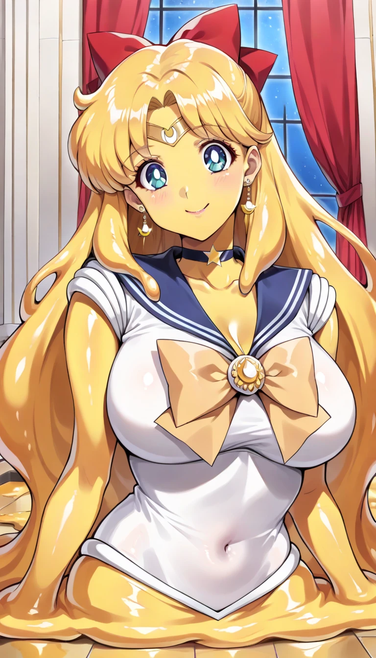 masterpiece、Highest quality、High resolution、((Anime Auntie、43 years old))、Sailor Venuature Woman、solo、Long Hair、bionde、Sailor Warrior Uniforms、Orange skirt、Golden Skirt、Elbow hand pockets、A golden circlet on the forehead、Orange sailor collar、Gold sailor collar、violet bowtie、White leotard、High leg leotard、White Dress、red head bow、orange choker、Golden choker、White gloves、jewelry、mini skirt、Pleated skirt、Cowboy Shot、looking at viewer、Female focus、Big Breasts、A woman with very large breasts、collarbone、(sexy body:1.3)、Are standing、(1990s \(style\):0.9)、