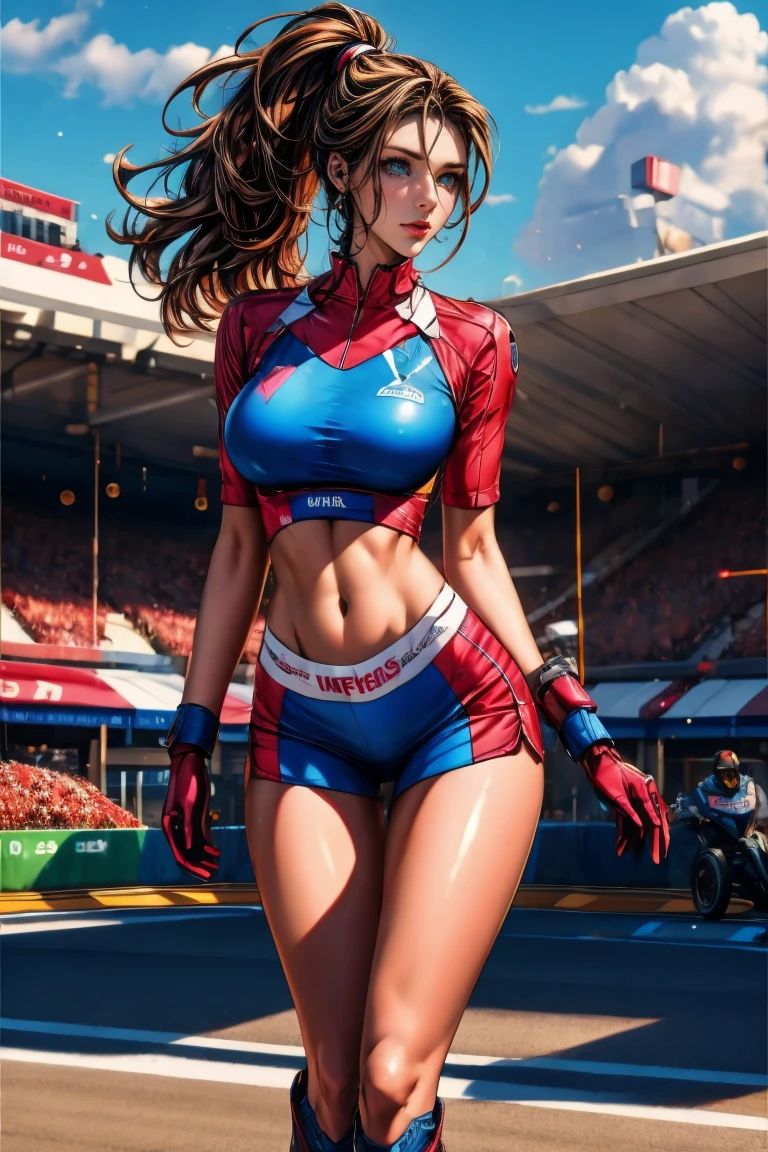 (Best Quality, masutepiece),ultra detailed photographic,1girl in, Women's Soccer Players ,Large breasts,nice legs,Shoot the ball,At the soccer venue,Detailed beautiful face,Beautiful eyes,detailed hairs,detailed  clothes,Detailed realistic skin,Cool,Dynamic Angle,