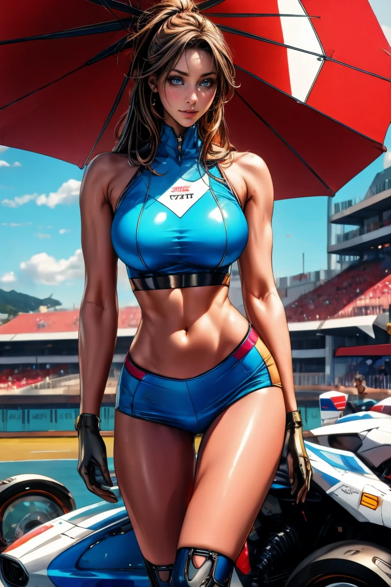 (muscular, thick thighs, wide hips:1.3), huge perky ass, very pale fair white skin, long black hair, blue eyes, (most beautiful woman on earth, detailed face and eyes:1.5), looking at viewer, masterpiece, best quality, shallow depth of field, 8K HDR, huge breasts, 85mm photo, shallow depth of field, tack sharp, solo, 1girl, (face extremely close to camera, downblouse, cleavage:1.5), centred in frame, facing camera, plump full lips, exaggerated hourglass physique, zero body fat, muscle definition, striations, broad shoulders, deltoids, tiny waist, long lean torso, shredded eight pack abs, obliques, real hands, (extremely seductive supermodel, flirtatious smile, tiny bikini, racecar track, late night photoshoot, flexing biceps and legs:1.2), SlightMuscle