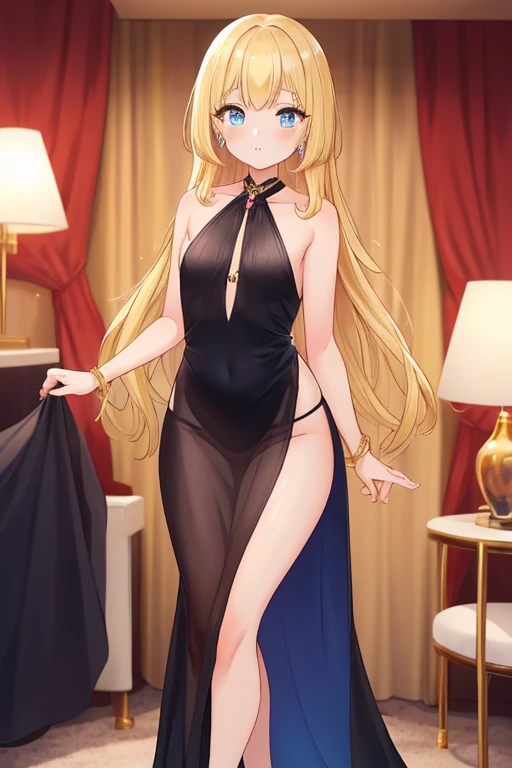 masterpiece, best quality, very aesthetic, absurdres, 1girl, mature_lady,  ,konjiki_no_yami(to_love-ru), to_love-ru,1girl, blonde_hair, long_hair,  two_side_up,   red_eyes, small_breasts,,bare_shoulders, silver dress, silver evening_gown, necklace,in female changing room,,blur background,background defocus,pussy_juice