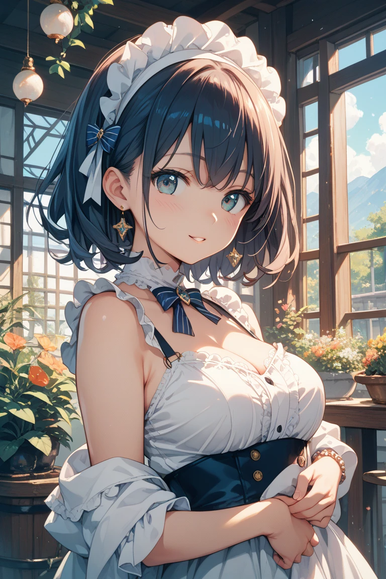 ((Top Quality)), ((Excellent)), (Details), ((Japanese)), Ultra-Realistic, Stunning Environment, Vivid Colors, , Black Hair, (Young Face), ((Straight Hair)), Shiny Hair, Big Breasts, ((White Maid Outfit)), ((French Maid)), ((White Brim)), ((from_side)) , ((From Above)), ((Blue Eyes)), Half-Smiling, Upper Body, Shiny Hair, Blunt Bangs, ((big Breasts)),((Emphasized Cleavage)) , ((Leaning Forward)), ((Blue Eyes)), Masterpiece, Ultra-Realistic, ((Upper Body)),((topless)), Outdoors, Grassland, Flower Field, Natural Light, Vivid Colors,((topless))
