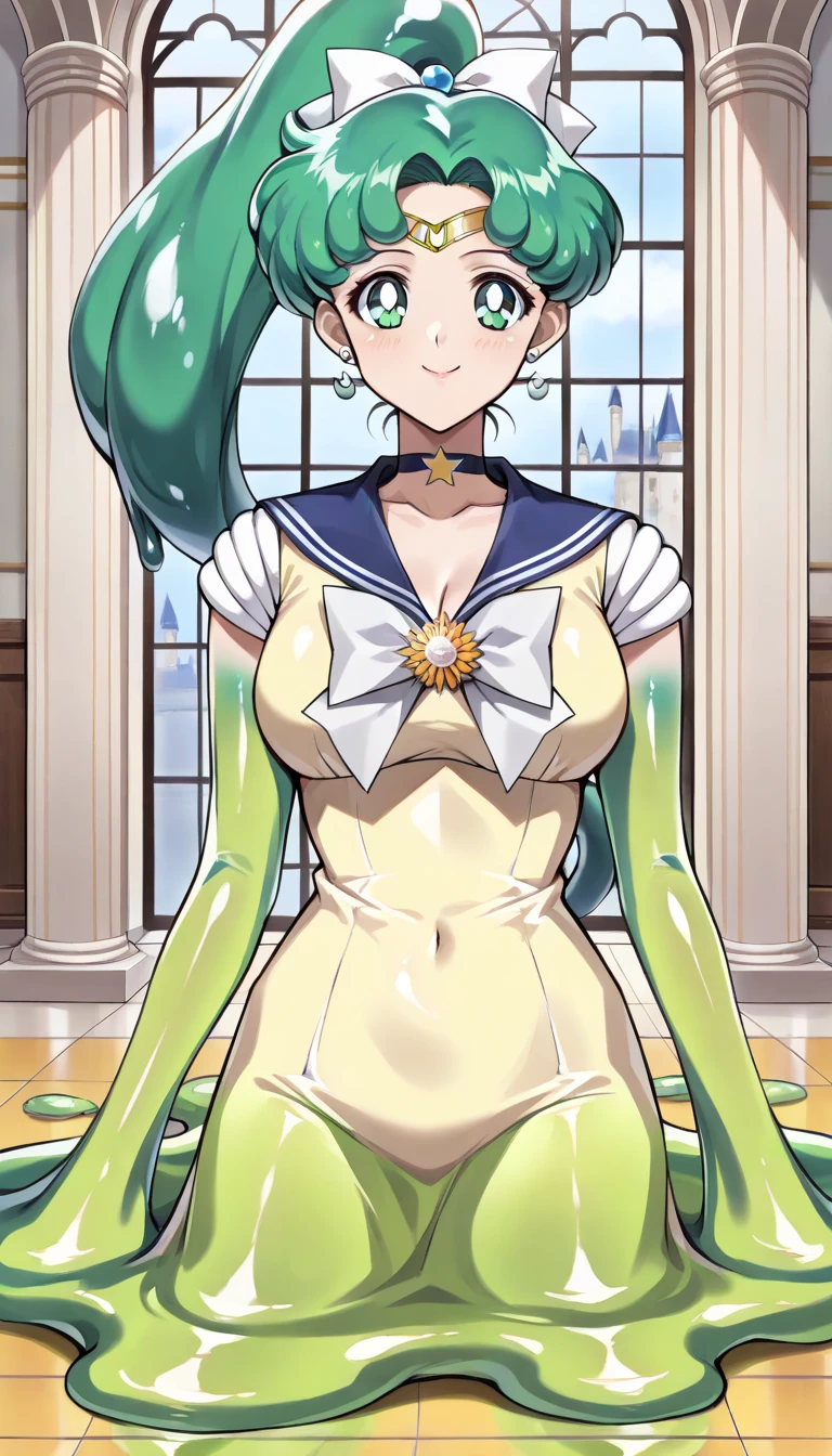 Highest quality, (masterpiece:1.2), Very detailed,
One Girl, alone,
View your audience, Naughty smile, Transparent nipples、
blush, Blue Hair:1.2, short hair、Perm Hair((pantyhose))、A space divided by a grid、((Sailor Mercury))、((Long gloves))、(Green slime leotard:1.5)、boots、(Spread your legs)、(Lift your chest)