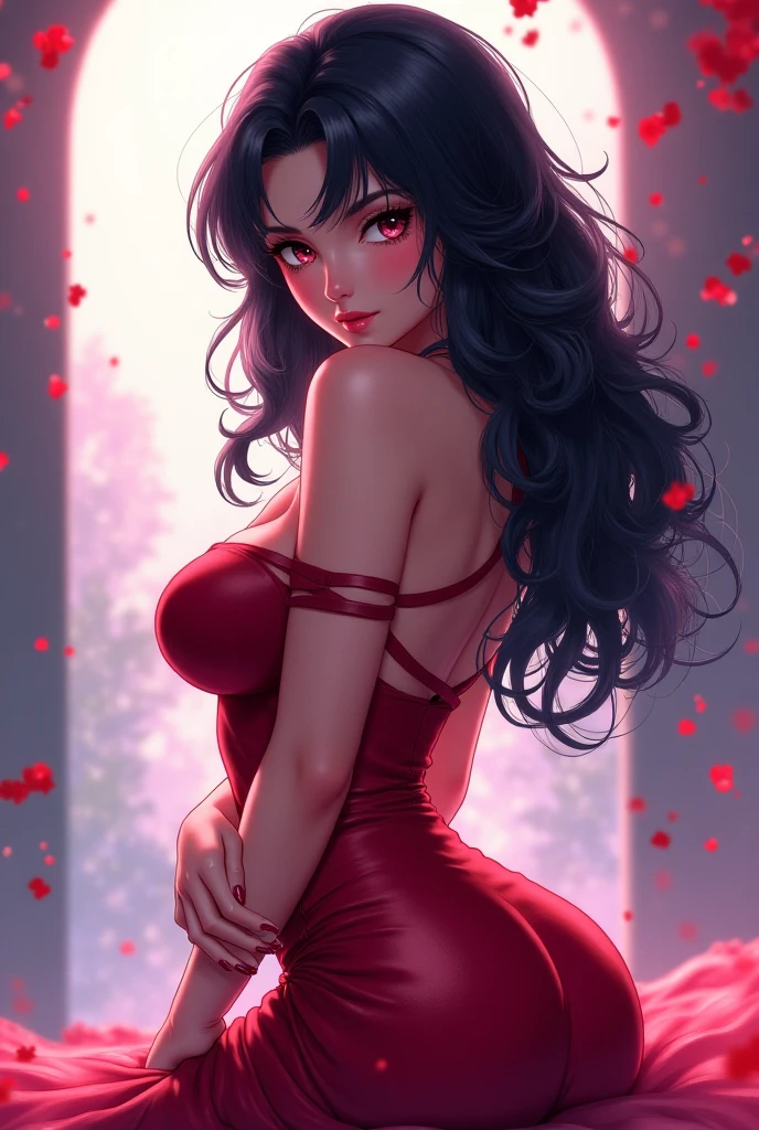 .Beautiful woman with long black hair and blue eyes, fair skin and pink lips. Wearing an elegant off shoulder red dress