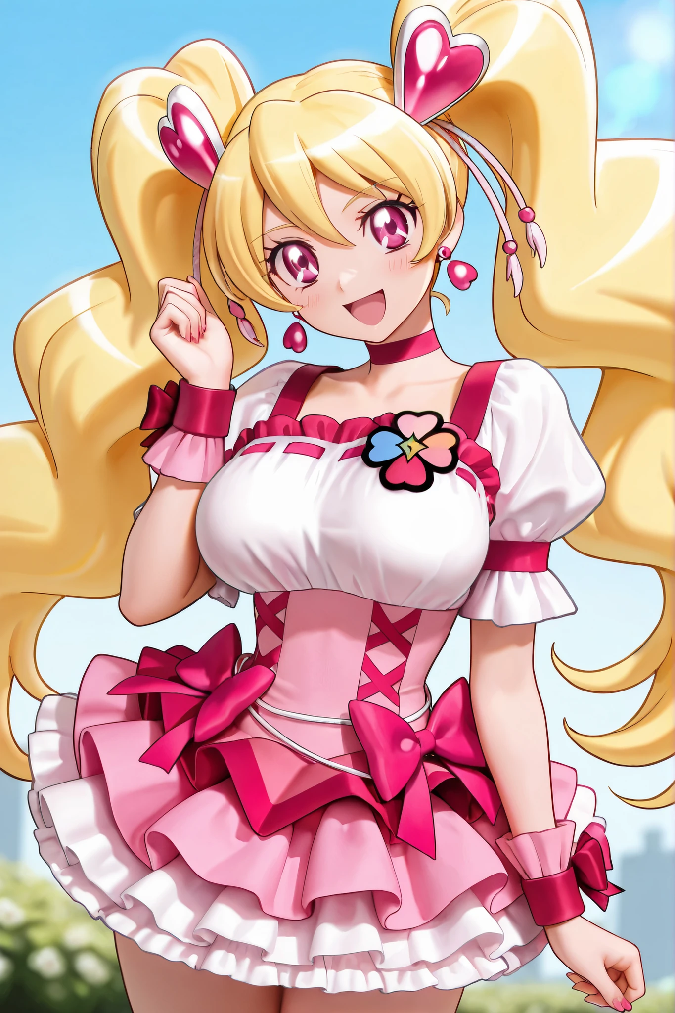 ((masterpiece、Highest quality))1 person、upon、uponコン、Like、cute、cute、My Favorites 、alone、Idol、Red Skirt、white golden hair、Super Long Style、Red eyes、album、smile、smile、dance、sing、sight、Red cheeks、vocalist、 cuteポーズ、Loud cheers、Shoulder Bare、ribbon、Pretty Cure Costume、Cleavage