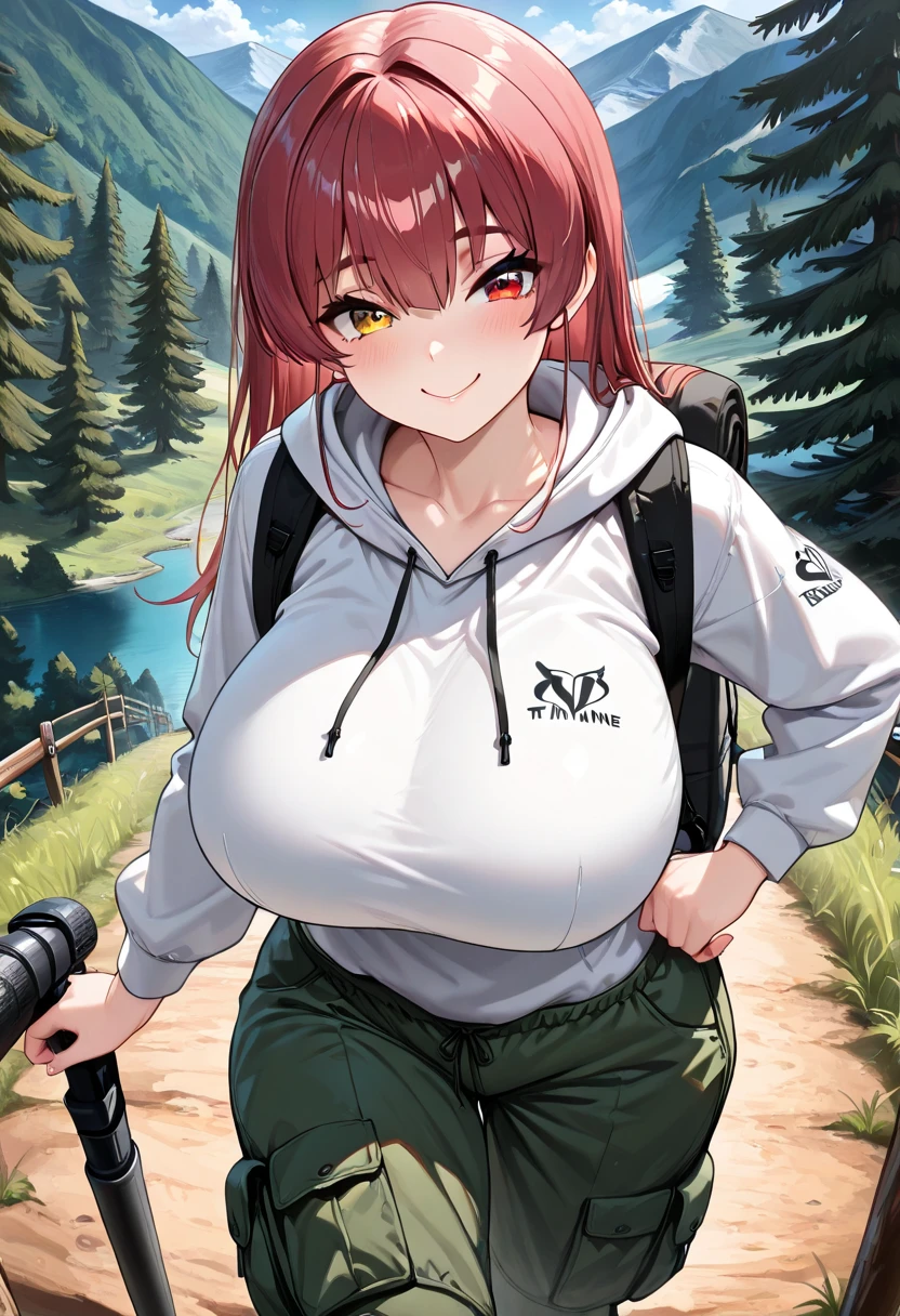 (((Best Quality))), ((Masterpiece)), ((Perfect Anatomy)), ((Perfect Hands)), ((Accurately Weathered Clothing)), ((Best Resolution)), (((Highest Detail))), ((Accurate Clothes)), (Proper Color Usage), (((1girl))), A Very Cute, Attractive, Beautiful Young Girl, ((17 Years-old)), with (Lush, Long Dark-Brown Hair), (Big Beautiful Blue Eyes), (Extremely Overinflated Breasts:1.3), (Extremely Enormously Gigantic Breasts), (Extremely Huge Thighs), (Extremely Thick Thighs:1.4), Big Cleavage, Very Athletic and Fit figure, but still Extra Curvy Body. Wearing a (Red Cropped-Top), and (Black Gym Shorts). Walking in the woods, with a faint Cityscape in the distance, with a happy expression.