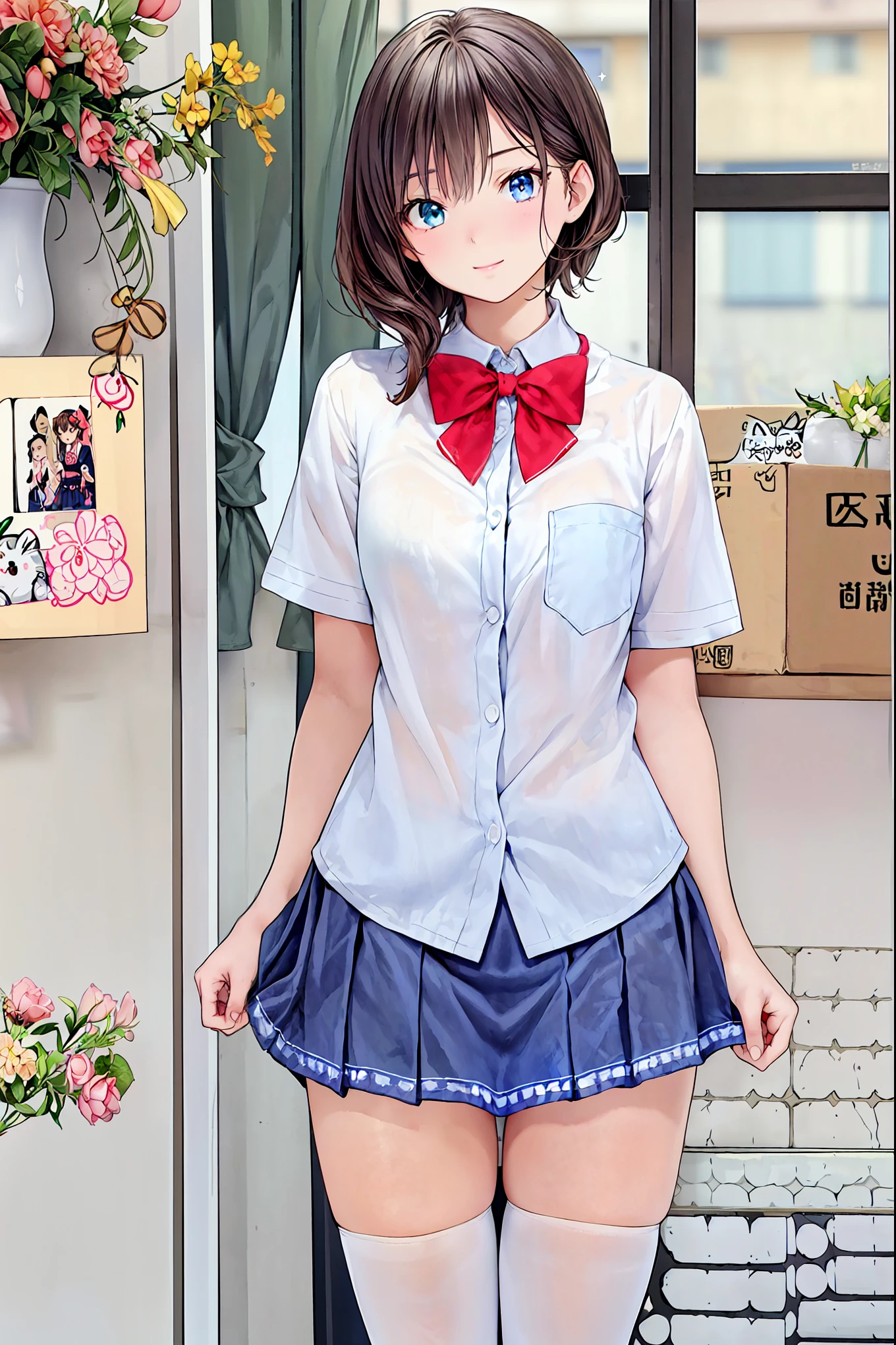 brown hair,shortcuts,messy hair, slender beauty ,hole々 Positive Attitude ,Small box,Beautiful Legs, her enchanting grayish blue eyes shine like stars.,(masterpiece:2.0), (Best Quality:2.0), (super miniskirt, Super short, girls' school uniform:1.5), (sidemap:1.5), (Sexy Poses:1.5), ( red face:1.3), (realistic:1.5), 1 , Precision small handle, Embarrassing appearance , smile, Very nice girl, innocent face, like々Funny face, Clear Eyes, Sparkling Eyes, Small box, beautiful hand skin, super res, highest resolution, Japanese high school students , blazer uniform,brown hair, do