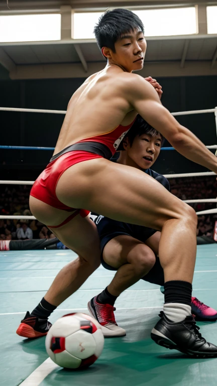 boy wrestler kicks middle-aged wrestler's bladder,