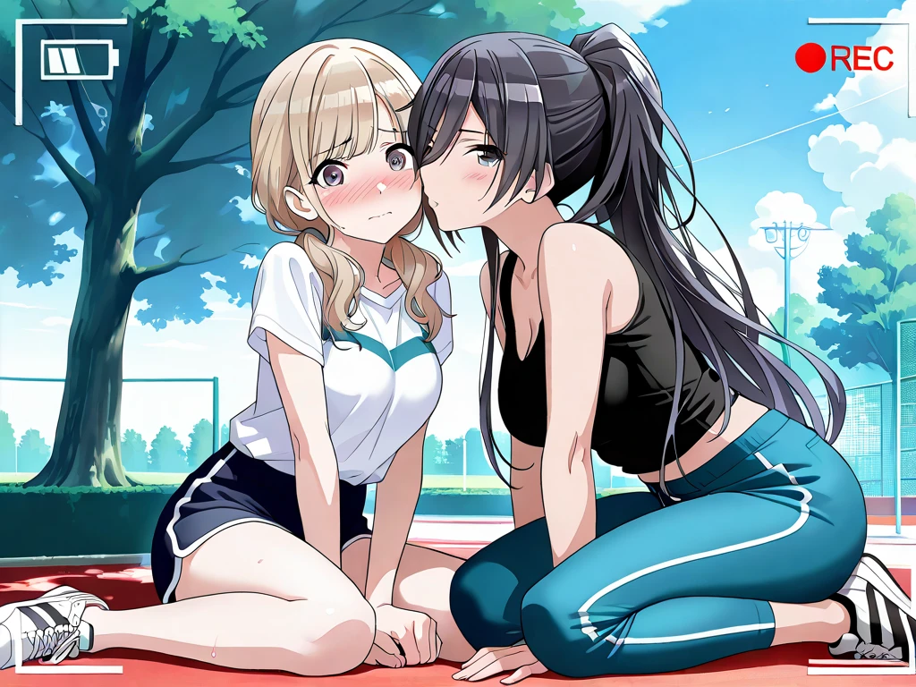 Two girls kiss while sitting on gym cycles saddle cushion, tennis-wear, skirt, white panties,