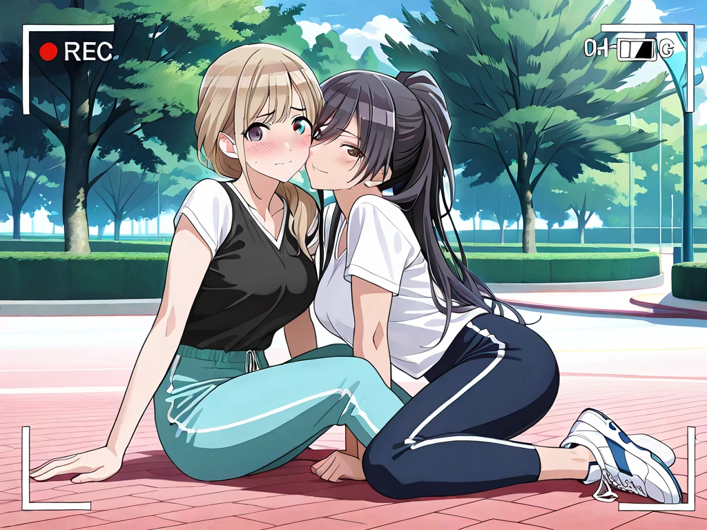 best quality,ultra-detailed,high resolution,extremely detailed CG,perfect anatomy,detailed,cinematic lighting,beautiful detailed eyes,ultra high res,(2girls:1.5),18years old,gleaming skin,oil skin,sweat,humid,trembling,strong light coming in,spot lighting,bright,revealing,nose blush,nsfw,(slut:1.2),(steam:1.2),(wet:0.8),(trembling:0.8),(drooling:0.6),(sweat:0.8),(nsfw:1.2),(Tennis uniform:1.2),(Young:1.2),Japanese,(Tennis court:1.2),large breasts,(Random Hairstyles:1.2),Bold Pose,(full body:1.2),skirt,(Sheer tops:1.5),Shyness,(lure:1.5),(Smile:1.3),(Lesbian:1.9),(kiss:1.5)