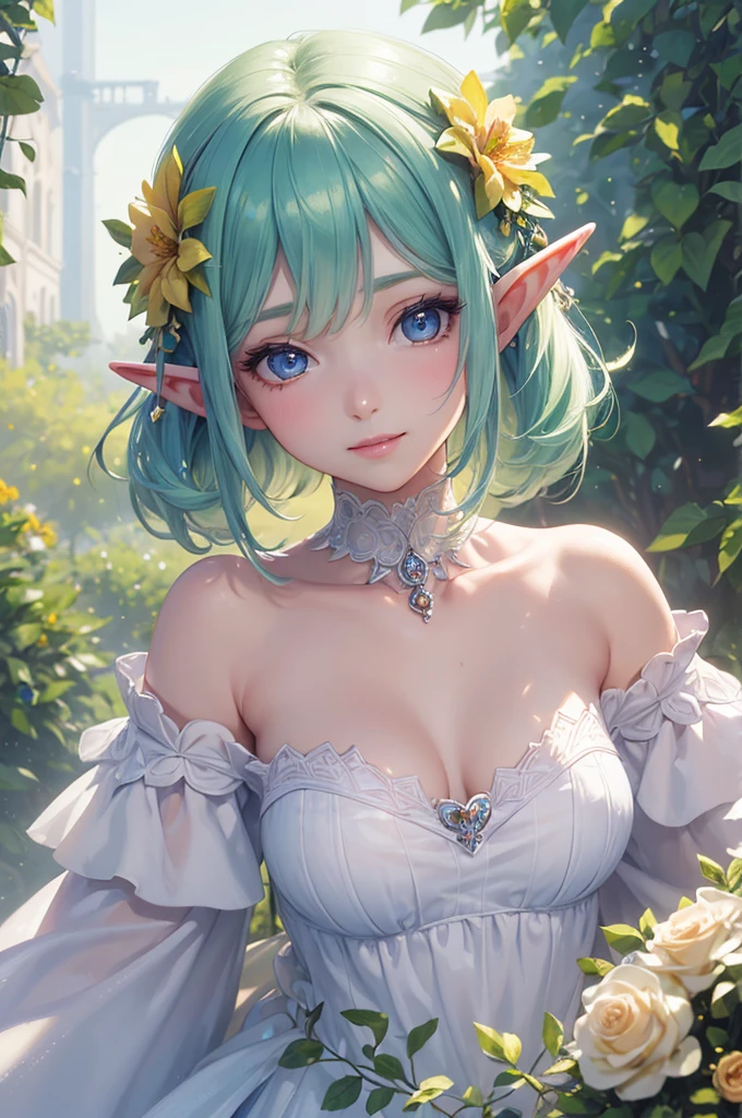 ((very short and plump ((dark-skinned Caribbean Moon Elf herbalist)) (very small breasted) beautiful with henna tattoos on hands arms and chest)), ((pastel babyblue wavy hair)), big and transparent tulle veil, (wearing ornate jeweled golden bracelets and anklets), sexy and seductive, great beauty, delicate and beautiful face, full body portrait, (big eyes with long eyelashes and glittery eyeshadow and big round nose), absolutely beautiful face, cute embarrassed smile, sitting on mountaintop basking in the nature of life, ((sunrise shining above hydrangea and cannabis flowers and cannabis tree forest mountaintop)), heavily tattooed, rolled herbal joints placed on gilded rolling tray with small tongs and mint leaves