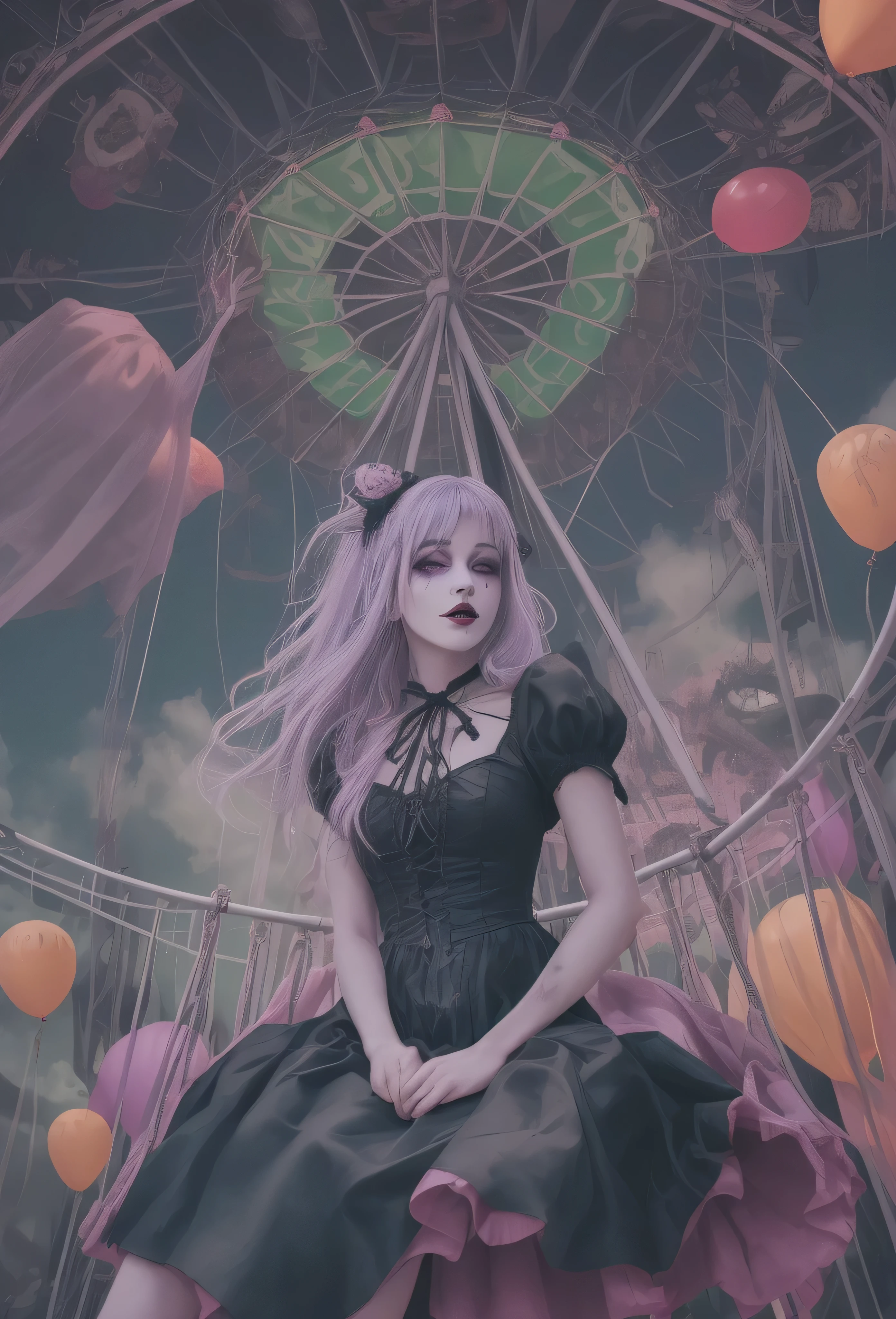 A pastel goth figure with lavender hair and skeletal face paint sits on a swing in a haunted carnival. Behind her, pastel balloons float eerily in the air, and the Ferris wheel is cast in soft, spooky pink and green tones. The scene blends Halloween creepiness with the dreamy, soft colors of pastel goth fashionâlike an illustration for a gothic fairy tale. , PastelGothDarkCircusDaal