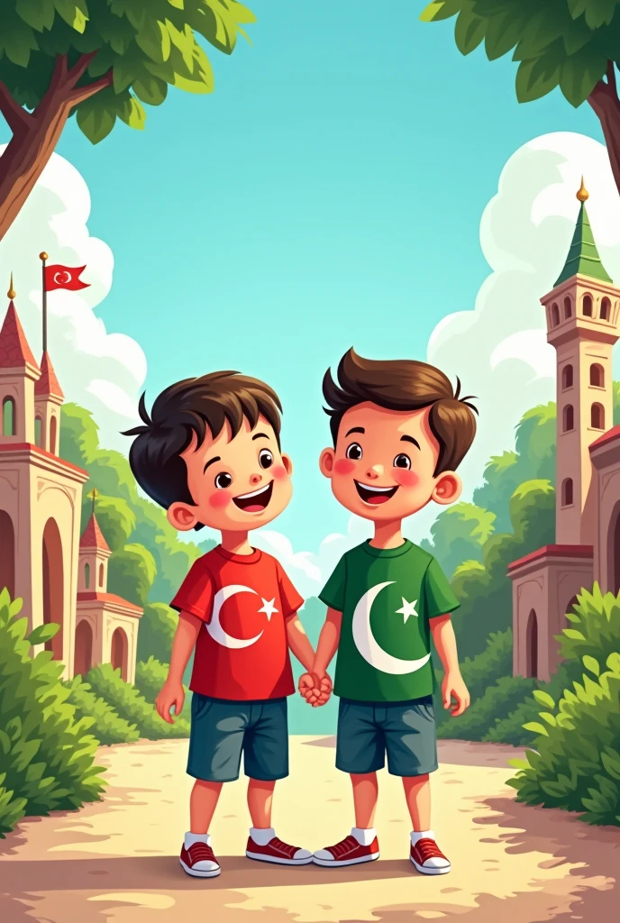 4d Two boy friends wearing t-shirts of Pakistan and Bangladesh are looking at the camera together, the background is good
