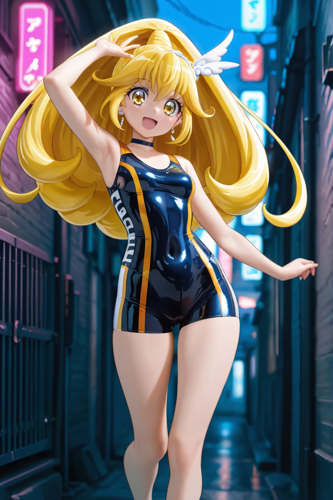 bellybutton piercing ,Little  girl, petite, (loli:1) ,( flat chest :1)  , (gold latex:1.8), gold strapless latex leotard , big lips, thighhighs, girl, walking, nighttime, cyberpunk street, neon sign, (bondage:1), glasses, (platinum blonde hair:1.5) ,long hair, twintails, (headphones:1), slave collar, high-quality, masterpiece, 4k,  8k, (wearing an open puffer jacket:1), (forehead:1), swept bangs, seductive smile, (detailed face:1)