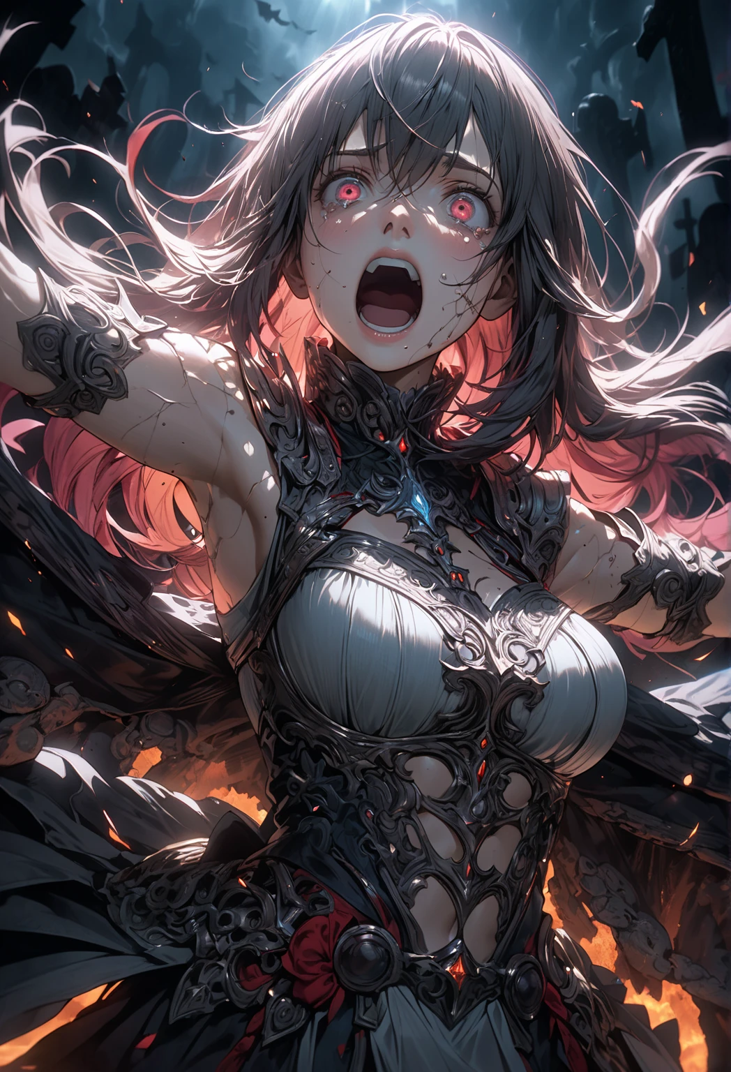 (RAW shooting:1.5, realistic:1.5, fractal art:1.5, 8K), (highest quality, masterpiece, ultra high resolution), Demonic world, Underground prisons, ((perfect dynamic composition:1.7)), Highly detailed skin and facial textures:1.3, Detail of limbs, 1 girl, (Cute sexy succubus demon with big wings:1.3, Wearing detailed body jewelry:1.3), prisoner of war, slave, Horn, Fair skin, open your legs, colorful, (Correctly wear heavily torn clothes off-shoulder:1.3), Huge breasts that are about to explode, Do not show areola, big chest gap, (The expression on your face when you feel intense caress, Facial expression when feeling pleasure, A look drowning in pleasure, Are crying), beautiful blue eyes, Eyes that feel beautiful eros, sexy face, blush, (Too erotic and cute:0.9, Bewitching:0.9), ((torture:1.5, Raise your arms upwards:1.2, Lots of chains:1.8, countless chains tangled in clothes:1.8, His right arm is shackled:1.2, His left arm is shackled:1.2, Connect your right leg with shackles:1.2, tie the left leg with shackles:1.2)), (((An incomprehensible amount of liquid flows throughout the body:1.5))), super long blonde curly hair, View from the knee up