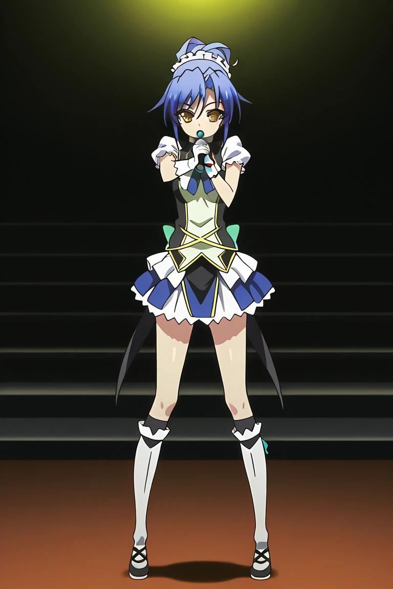 KANNA OGATA, SHORT HAIR, BLUE EYES, BLACK HAIR, HAIR BETWEEN EYES, HORNS, SINGLE HORN, DRAGON HORNS, DRAGON GIRL, GLOVES, DRESS, BARE SHOULDERS, WINGS, SLEEVELESS, SLEEVELESS DRESS, BLUE DRESS, 1girl, solo, facing viewer, looking at viewer, upper body, smile