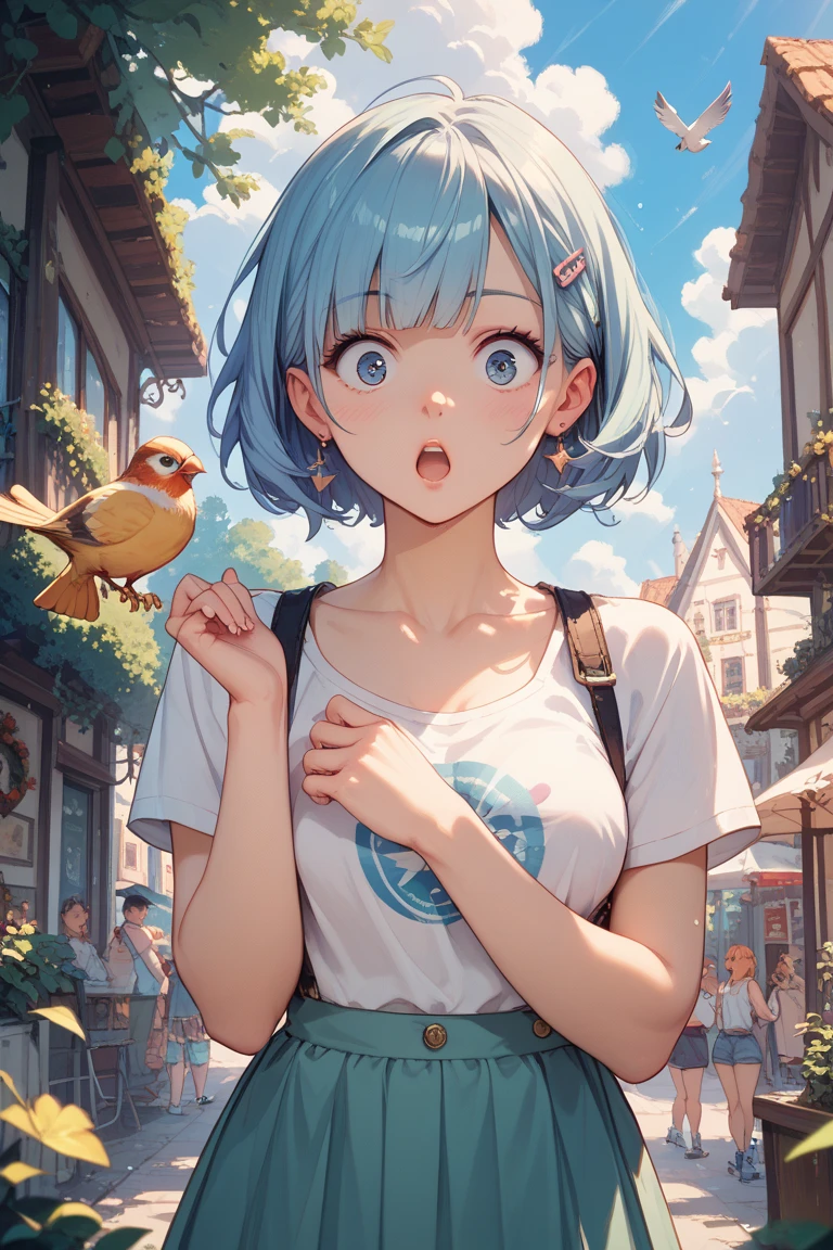 akira toriyama style, Kawaii Design, most beautiful girl ever、beautiful spring afternoon、birdie、Look up at the sky and take a deep breath