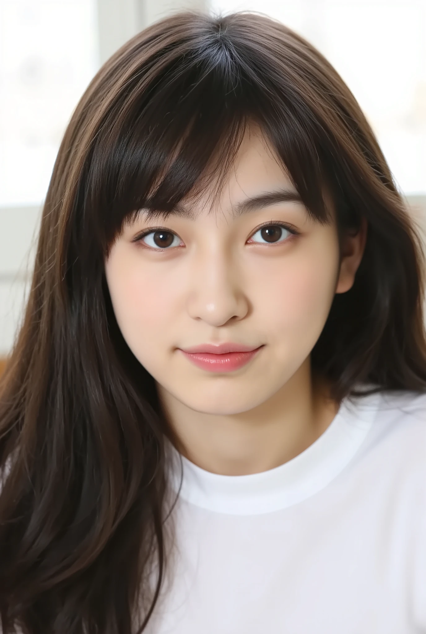 (mature adult woman wearing a leotard1By people),beautiful black hair,super straight hair,With bangs,((Fluttering Hair)), realistic person images in dark waters,Realism,Best Quality,mastepeice,Best Quality,best image quality,highest resolution,fine details,Beautiful detailed face,black eyes,((realistic skin)),detailed background,( Exact Upper Body),(perfect upper body),(upper body),((Realismのある肌)),(smiles),(((super big ))),(((((She is wearing a student uniform and))))),(((((In the school classroom))))),((((Large breasts))),((((((I'm going to sit on a chair and stare at me))))),(((interior))),(((is wearing a white cutter shirt))),