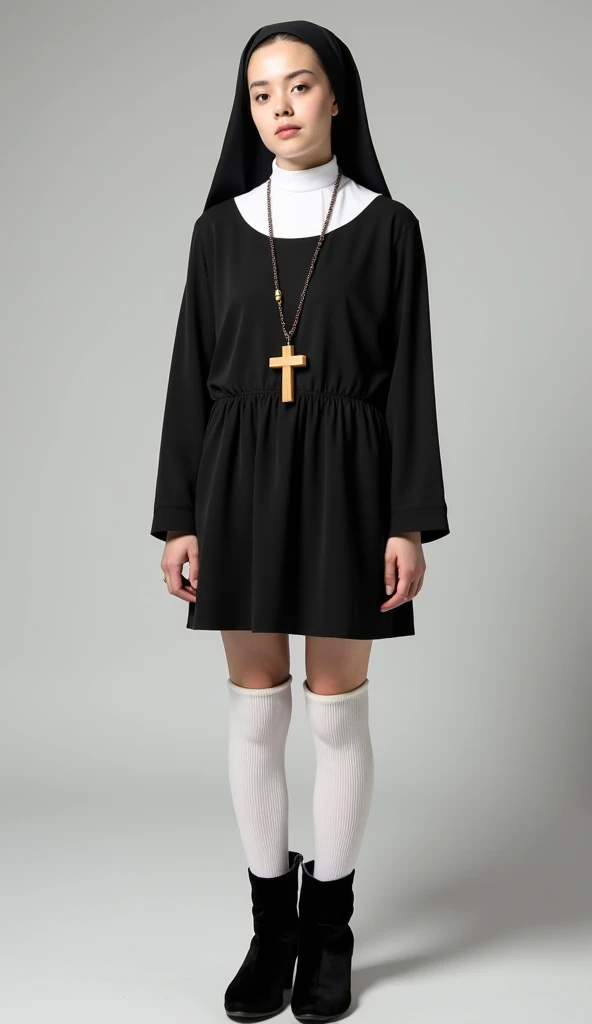Clothes and skin are soaked all over，（wetclothes：1.9）（（（Nuns wearing cross necklaces in churches wear nun short gowns and nun hats，High-top black leather shoes，The church chairs were filled with men dressed in black））），（（Clothing that exposes）），Glowing skin，Works of masters，Best image quality，Higher quality，high detal，超高分辨率，8K分辨率，perfect hand，full body shot shot，Exquisite facial features，s the perfect face，（真实感：1.4），fully body photo，The Tyndall effect beam hits people，