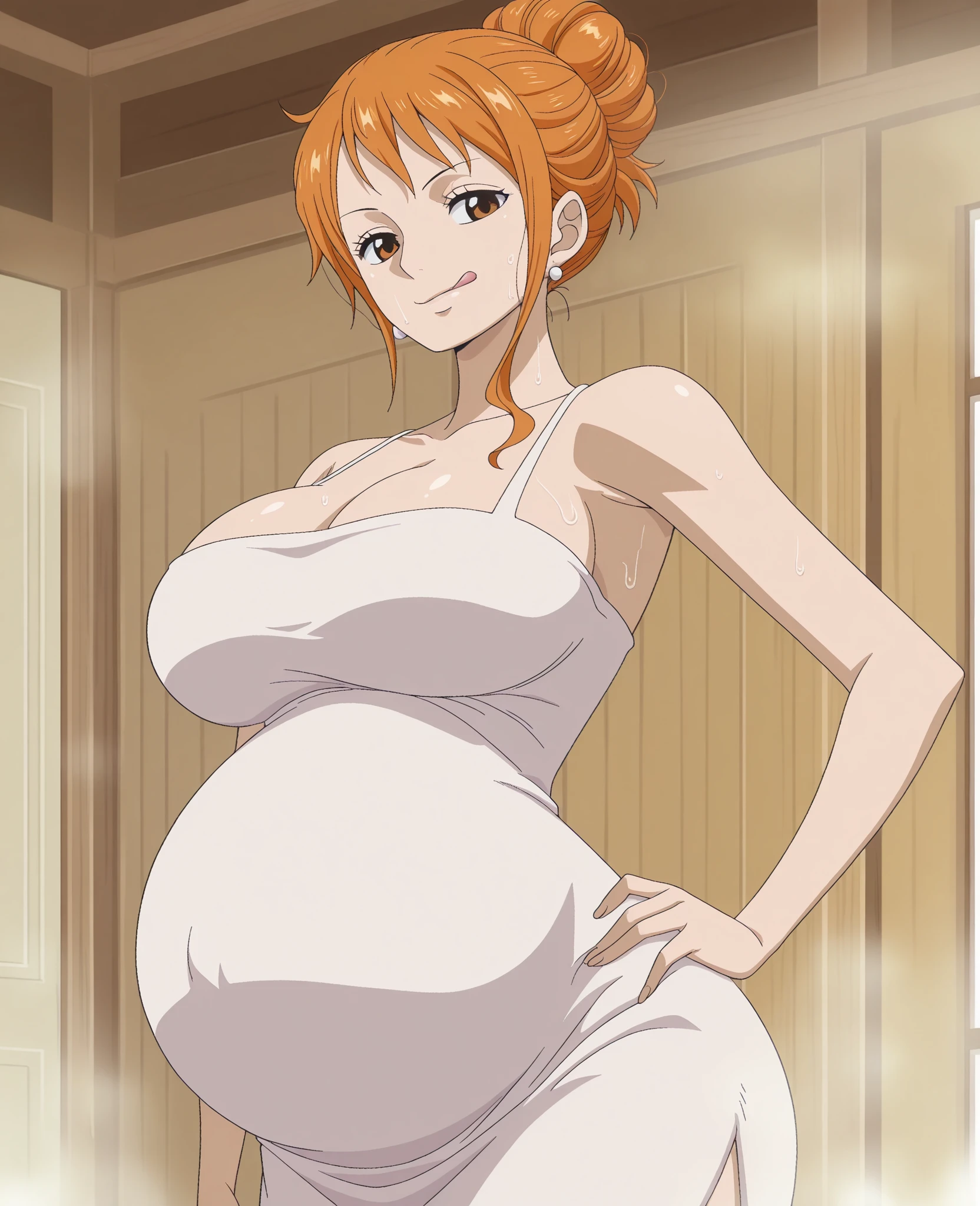 masterpiece, (photorealistic), (8k wallpaper) , (best quality), perfect quality, seductive smile, solo, (detailed eyes), Nami, beautiful face, cute face, young, very chubby, small breasts, curvy, fat rolls, belly rolls, chubby belly, fat thighs, very plump, sexy pose, sexy, big deep navel, tight red dress, very soft, muffin top, love handles, fed up, fatty