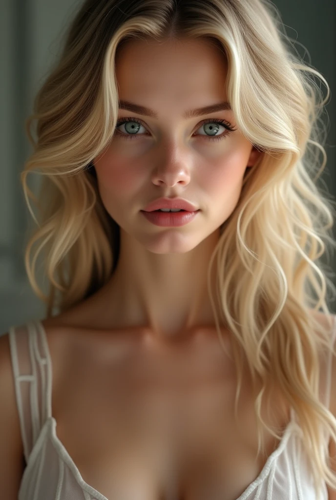 、(RAW photograph:1.2)、(Photorealistic:1.4)、(Masterpiece artwork:1.3)、(Maximum quality:1.4)、expressão Ablaze、Extremely beautiful girl、extraordinary and beautiful girl、Detailed cute and beautiful face、beautiful bangs、Pele branca Ablaze e Ablaze、facial hair、Bangs that extend to the face、bangs between eyes、Cabelo super long、Cabelo louro platinado clearing e escuro atraente, super long, smooth and silky、appealing, Ablaze, comely, clearing, azul clearing, eyes large、Luxury dresses、Double eyelids、Lush bust、the upper part of the body、exaggerated extremely hyper weird, hypermuscular ultra venous, skinny girl, extremely protuberances, thin lycra underwear, Fine body, hot girl, ultravein arms, de corpo inteiro, in high quality, naked, with good body proportions in relation to the bust