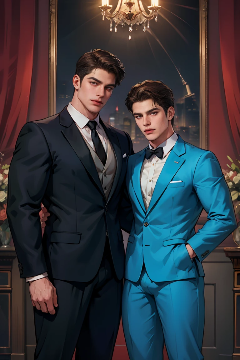 absurdres, highres, ultra detailed), gay couple , (((multiple boys))) love, wearing a neat suit with a luxurious party background
