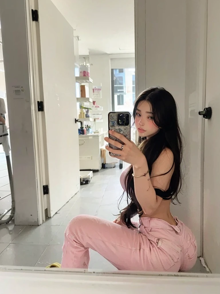 Selfie photos,Mobile phone mirror selfie,indoor,Inside the room,A beautiful beautiful Asian woman,Standing:1.2,Realistic fair skin color,156 cm,46KG,34C cupz Her mid-length hair is loose and lazy around her shoulders,Wearing a close-fitting white low-cut short-sleeved top,black shorts:1.2,