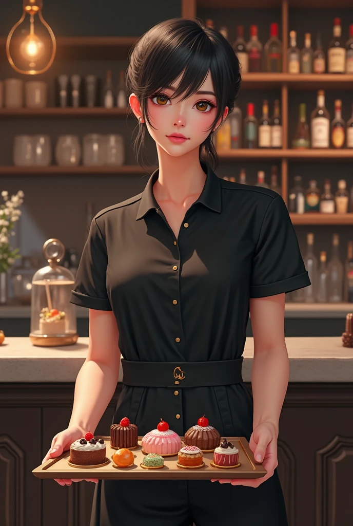 Creates a design of a barcon with dark round hair and eyes, wearing black pants and black polo shirt, holding a tray with cake and candy