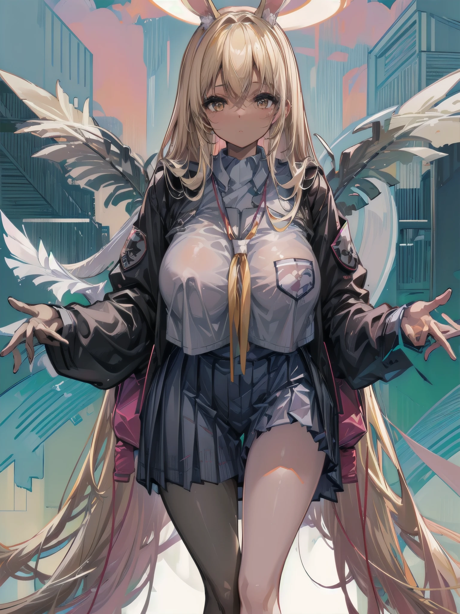 (dark skin:1.4),2 people ,tie with rabbit ears,Baby Face.,blonde,Alluring, jk,(Japanese school uniform).(big sagging breasts:1.4),Thick legs ,Place your hands on the desk、bending forward,Hospital.cowboy shot
