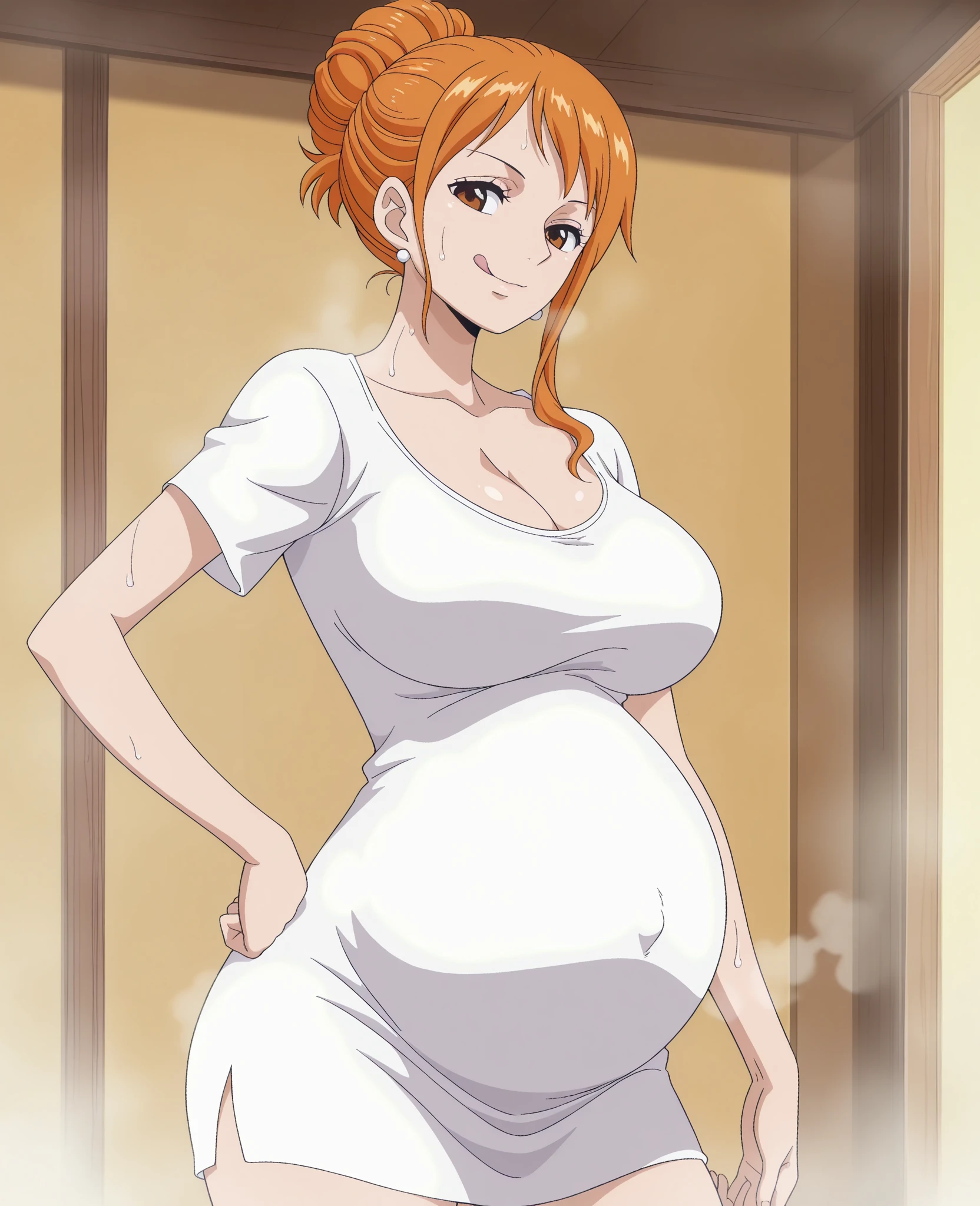 best quality, high resolution, 8K, anime art style, beautiful detailed eyes, extremely detailed face, soft expression, stylish pose, Angelica V4,1girl,solo,red eyes, (bikini, shorts, great visuals, red dress), looking at the audience, in the center of the image, beautiful large medium-sized breasts, beautiful face, slim waist, appealing, soft lighting, pregnant, pregnant belly