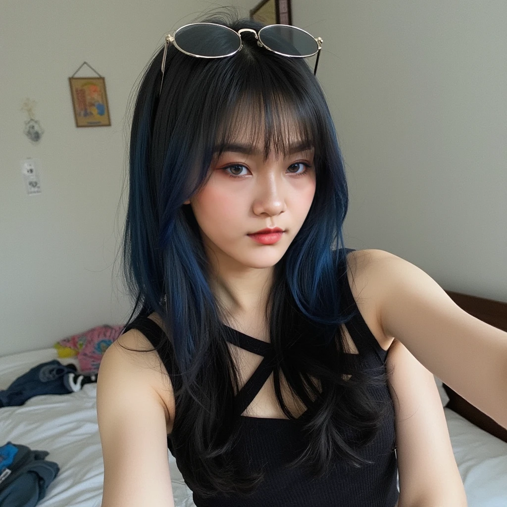 Close-up taking a photo in front of the mirror with blue hair. High quality, shadows, contrasts. long hair with the cell phone in hand having a photo in the mirror showing the whole body. The view of the image is the cell phone she is taking a picture of. shows her on camera. long, blue straight hair.