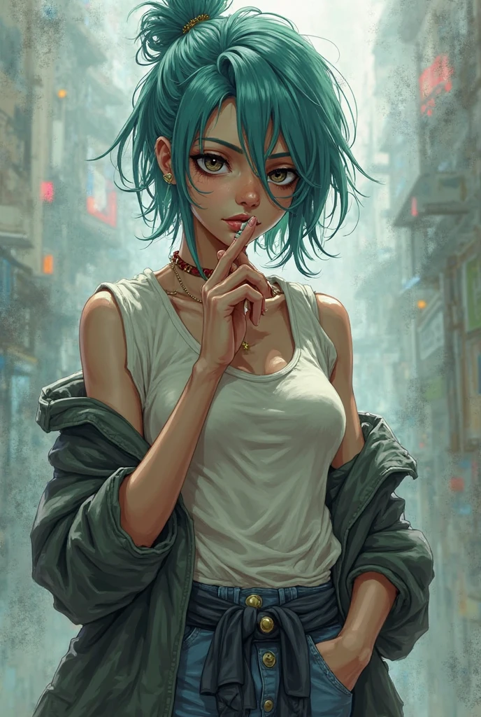 Woman with tattoos and a cigarette in her hand, corte de cabelo tingido colorido Cyberpunk, Vaponpunk, retrato de alta qualidade estilo Lucas Parolin tendeicia artstation