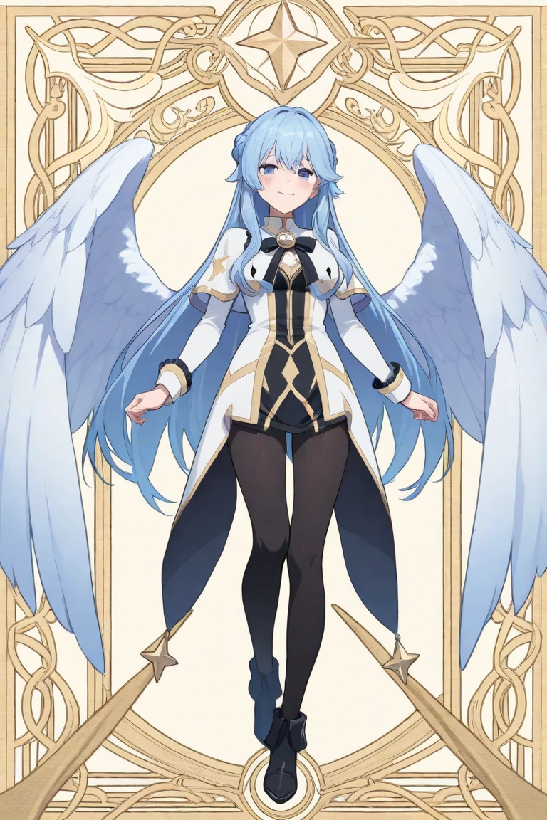 4K,hight resolution,One Woman,Bright blue hair,Longhaire,Light blue eyes,Harpy,one white winged,golden toenails,valkyrie,white holy armor,Winged headgear,jewel decorations,palace in the sky