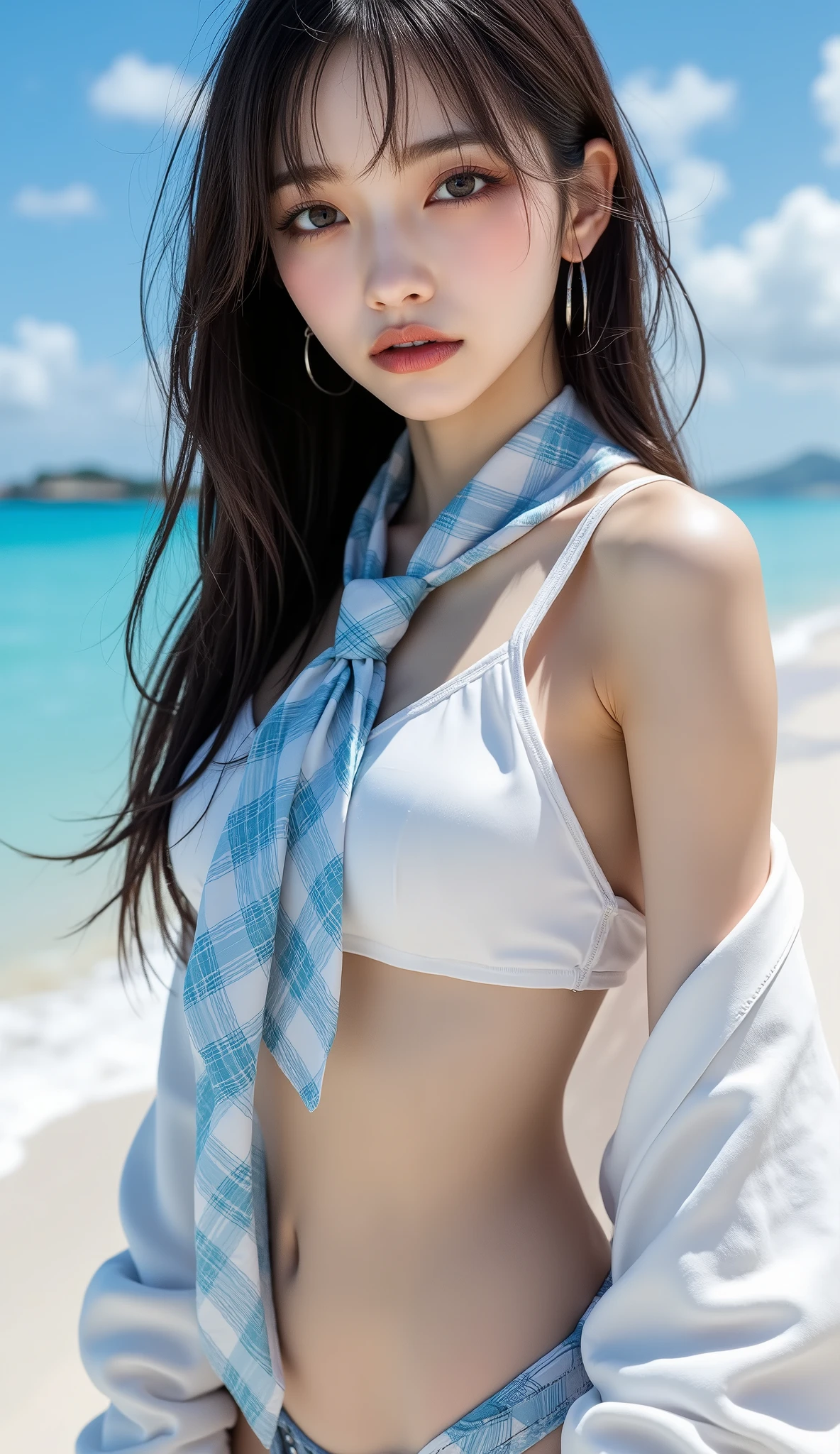 ((Korean pop idol girl。),(live-action),((Bust up photoshoot)),(( sunny tropical beaches and seas )),(women's rock design white and dark blue bikini swimsuit),(Light blue plaid necktie),(white scarf draping around the waist),(smile),(big breasts),(beautiful Korean idol makeup,beautiful lips,dark eyeshadow,long lashes),shiny skin staring at the camera, Show view , beautiful hair, Pure Eyes , (super long straight hair,I'm drawing a pretty dark-haired),(8k, Best Quality , masterpiece:1.2, very detailed on trends),( anatomically correct, Ultra Detailed Skin ,Refers to 5 books )