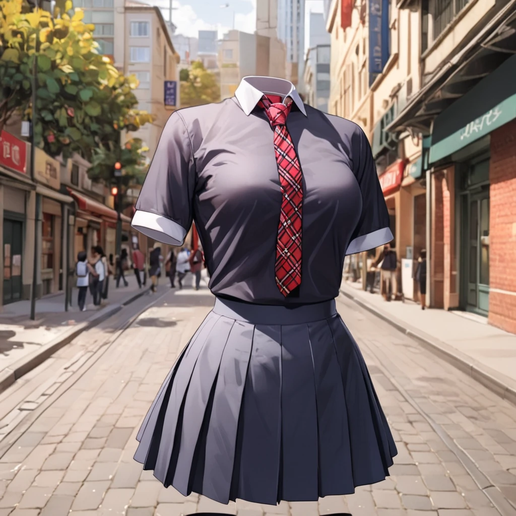 (invisible:1.5, no humans:1.5, headless:1.5, faceless:1.5), (School uniform, red check tie, in city:1.2), (big breast), (best quality, masterpiece:1.2), detailed cloth texture, detailed anime, illust, leaning forward
