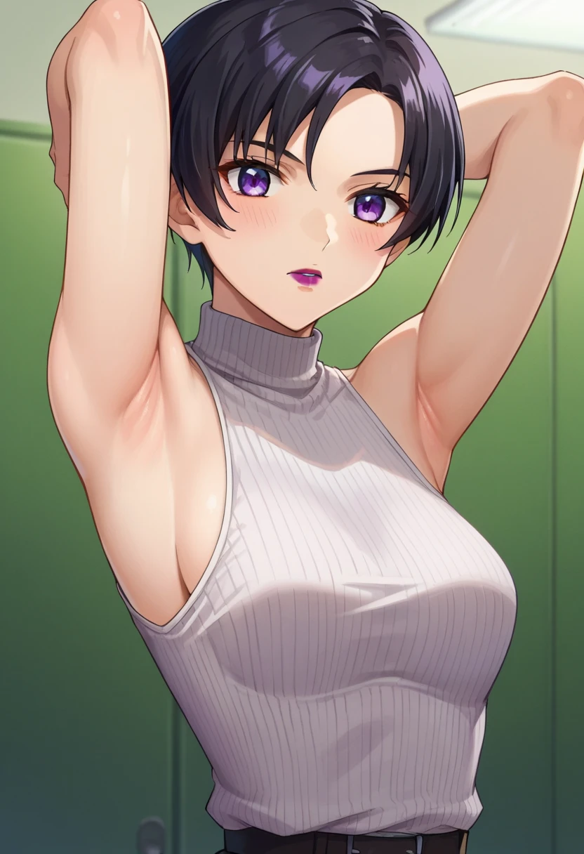 Yuffie Exaragi, yuffie kisaragi, (Black Hair:1.5), (Brown eyes:1.7), short hair, Pixie Cut,
クロップトップをBREAK, Fingerless gloves, Fishnet stockings Knee socks, fishing net, Forehead protector, gloves, head band, belly button, Short shorts, Shorts, Single Sleeve, Single knee socks, No sleeve, No sleeveturtleneck, Thighs Thighs Thighs Thighs, turtleneck,
Blake Cowboy Shot, View your viewers,
Indoor rest,
BREAK (Tabletop:1.2), Highest quality, High resolution, unity 8k wallpaper, (figure:0.8), (Beautiful attention to detail:1.6), Highly detailed face, Perfect lighting, Highly detailed CG, (Perfect hands, Perfect ???????),Nipples are visible、Completely ?????、smile