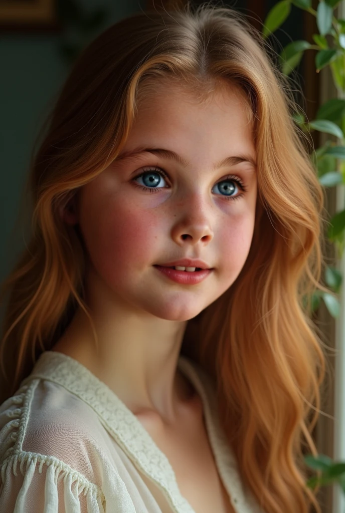 There's a young woman with orange hair and blue eyes, cabelos loiros olhos azuis, cabelos loiros olhos azuis, cabelos loiros e olhos azuis, menina bonita, olhos azuis e cabelos loiros, menina bonito, longos cabelos loiros e olhos azuis, menina jovem bonita, menina jovem bonito, painting digital adorable, bonito bonito, menina muito bonita, de uma menina anjo bonita